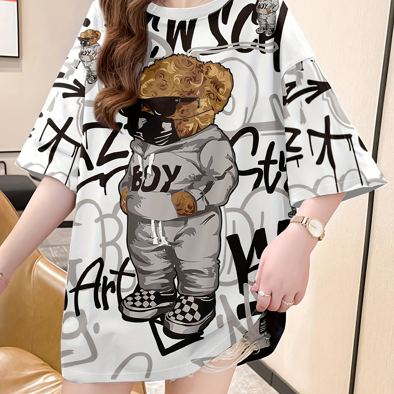 TEMU Summer New Large Size Loose Fashion Trend Slim Cartoon Round Neck Print Ladies Women's Medium And Long Short-sleeved T-shirt Clothes