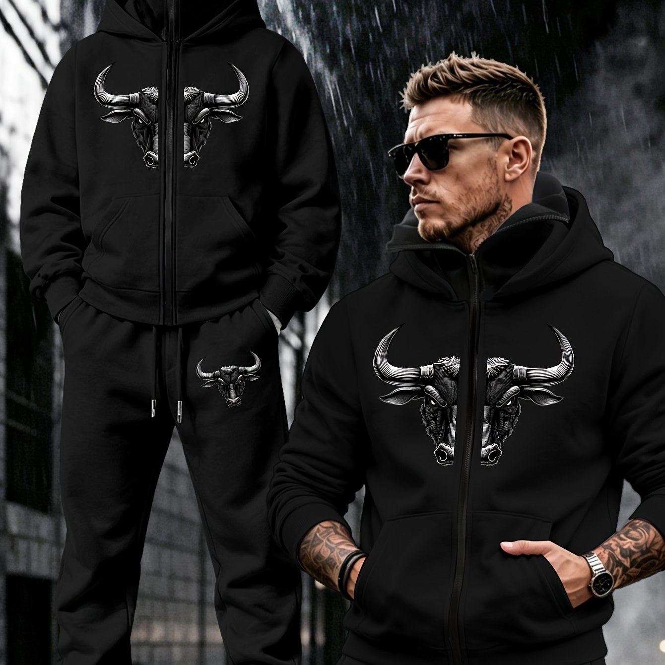TEMU Winter Men'-hat Sweatpants Set Men's Winter Suit Balaclava Hat Design Totem Light Luxury Overbearing Dark Style Street