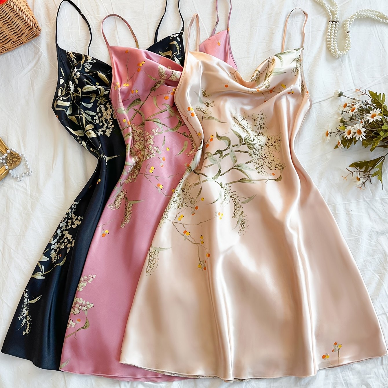 TEMU Printed Sweet Neck Comfortable Casual Nightgown 3pcs Set Elegant Cami Dress