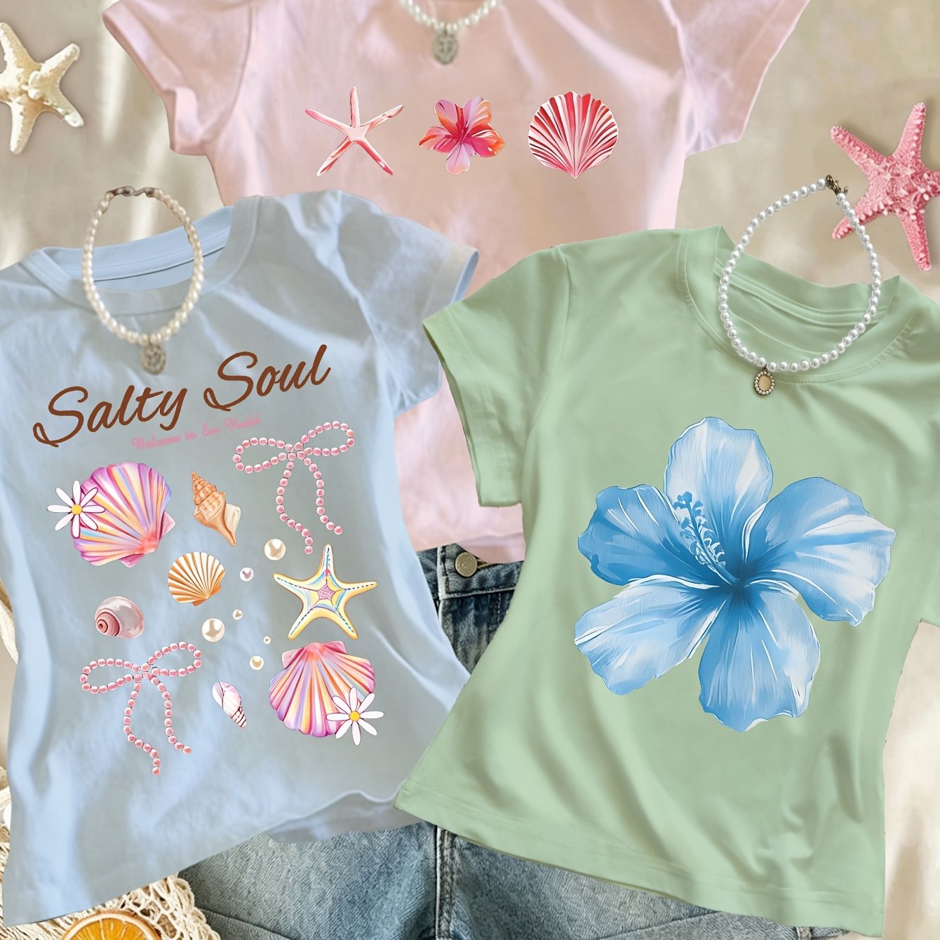 TEMU Spring And Summer Women's Slim-fitting Top, Starfish And Shell Ocean Theme, Creative Print Pattern, Personalized Casual Dark Cool Daily Retro