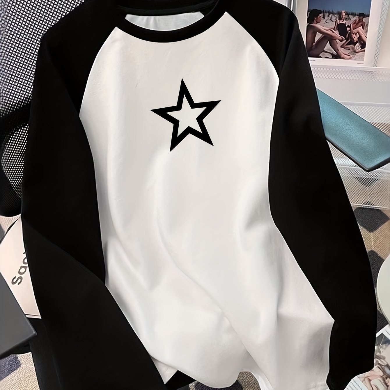 TEMU D89-spring Summer New Women's Casual Loose Color-block Long Sleeve Top, Easy Star Pattern Print, Korean Style Stylish Design Daily Versatile