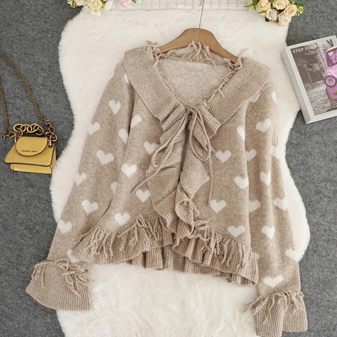 TEMU Pull Femme à Manches Longues 2025 - Nouveau Modèle Vintage à Volants et Cœur Pêche - Style Décontracté et Tendance