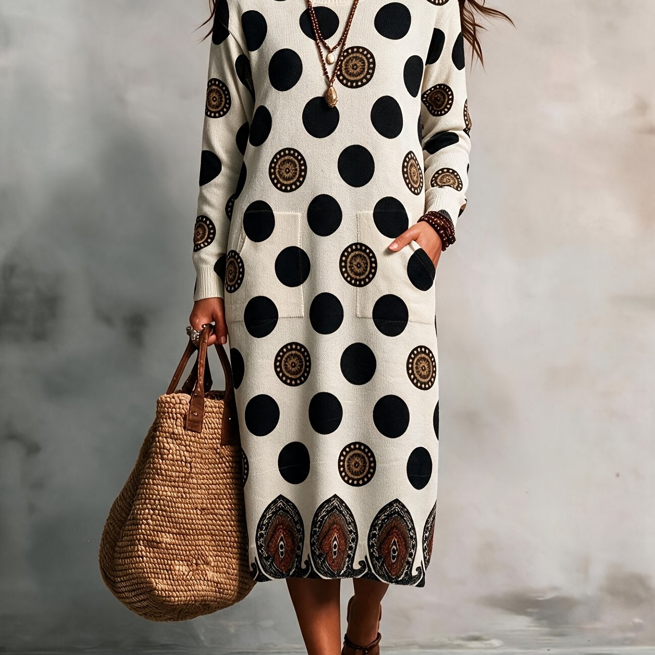 TEMU 2d Flat Pattern Autumn New Pullover Round Neck Long Sleeve Women's Dress Polka Dot Pattern Flat Trendy Women's Clothing Women's Skirt [circle