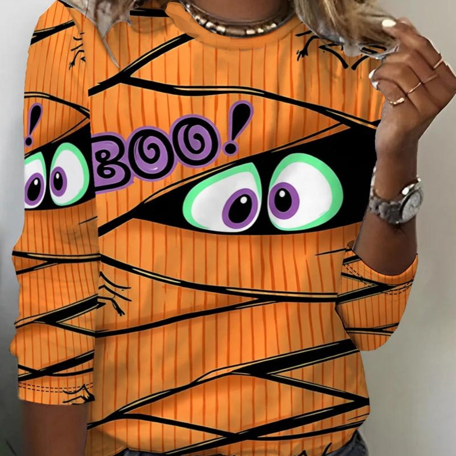 TEMU Women's Halloween Theme Bandage Pattern Printed Round Neck Long Sleeve T-shirt, Non-sequined. Inner And Outer Wear Casual Top Base Layer Long