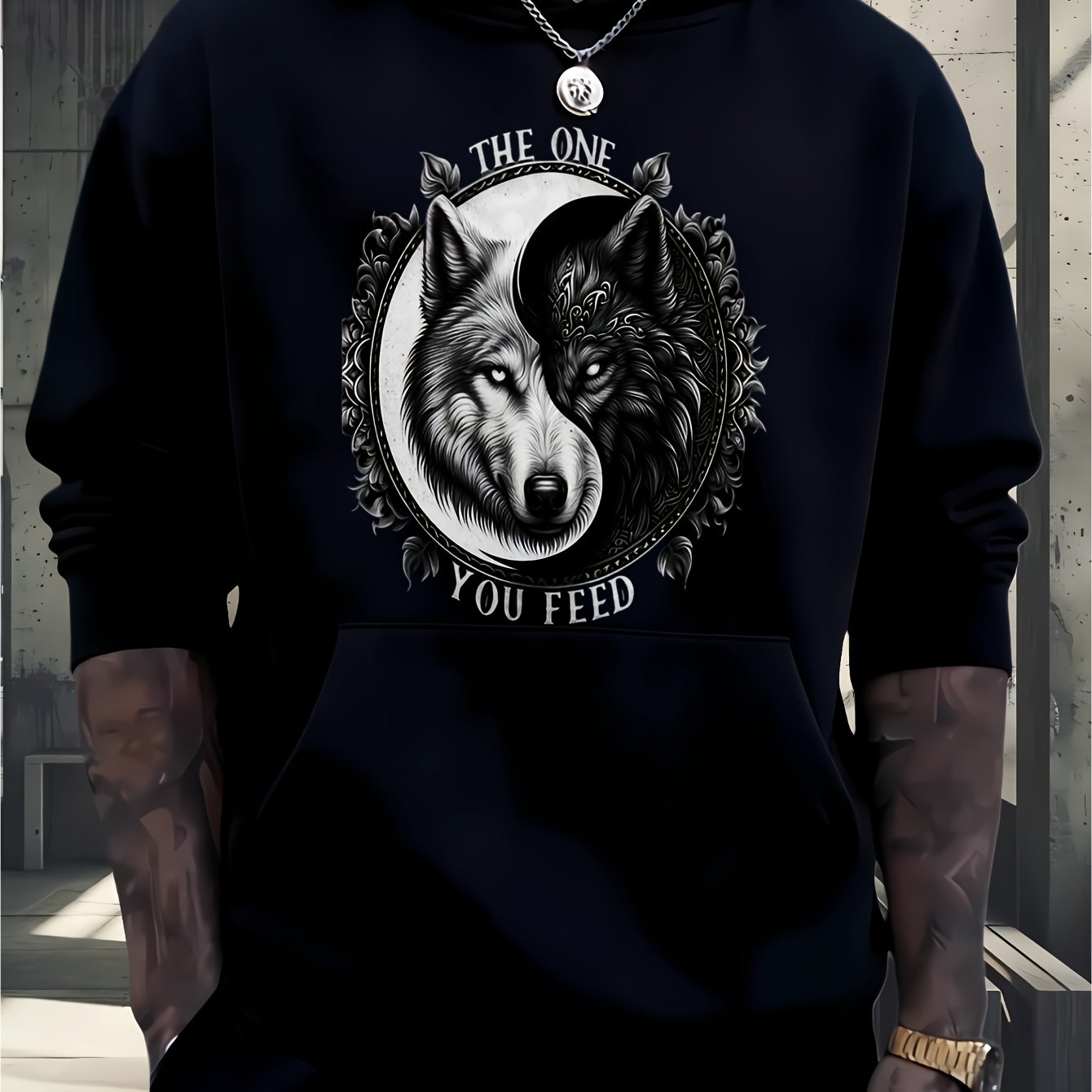 Men's Yin Yang Wolf Graphic Hooded Sweatshirt - Black & White Wolf Design With Yin Yang Symbol, Comfortable Streetwear Pullover, Long Sleeve Casual Hoodie With Pockets For Men