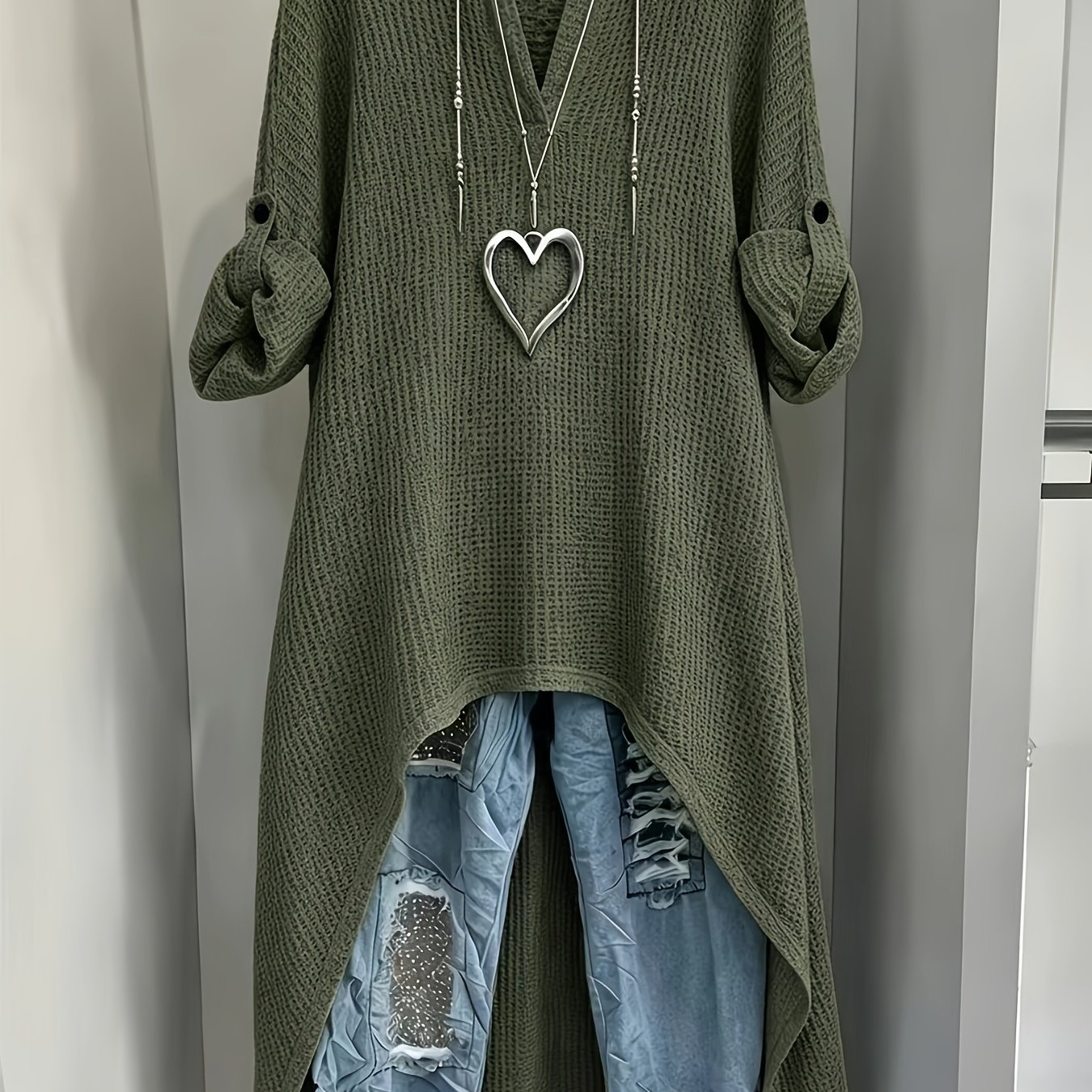 TEMU Plus Size - Damen Neue Herbst Winter V-Ausschnitt Einfarbig Langarm Knopfleiste Kurzer Rücken Langer Oberteil