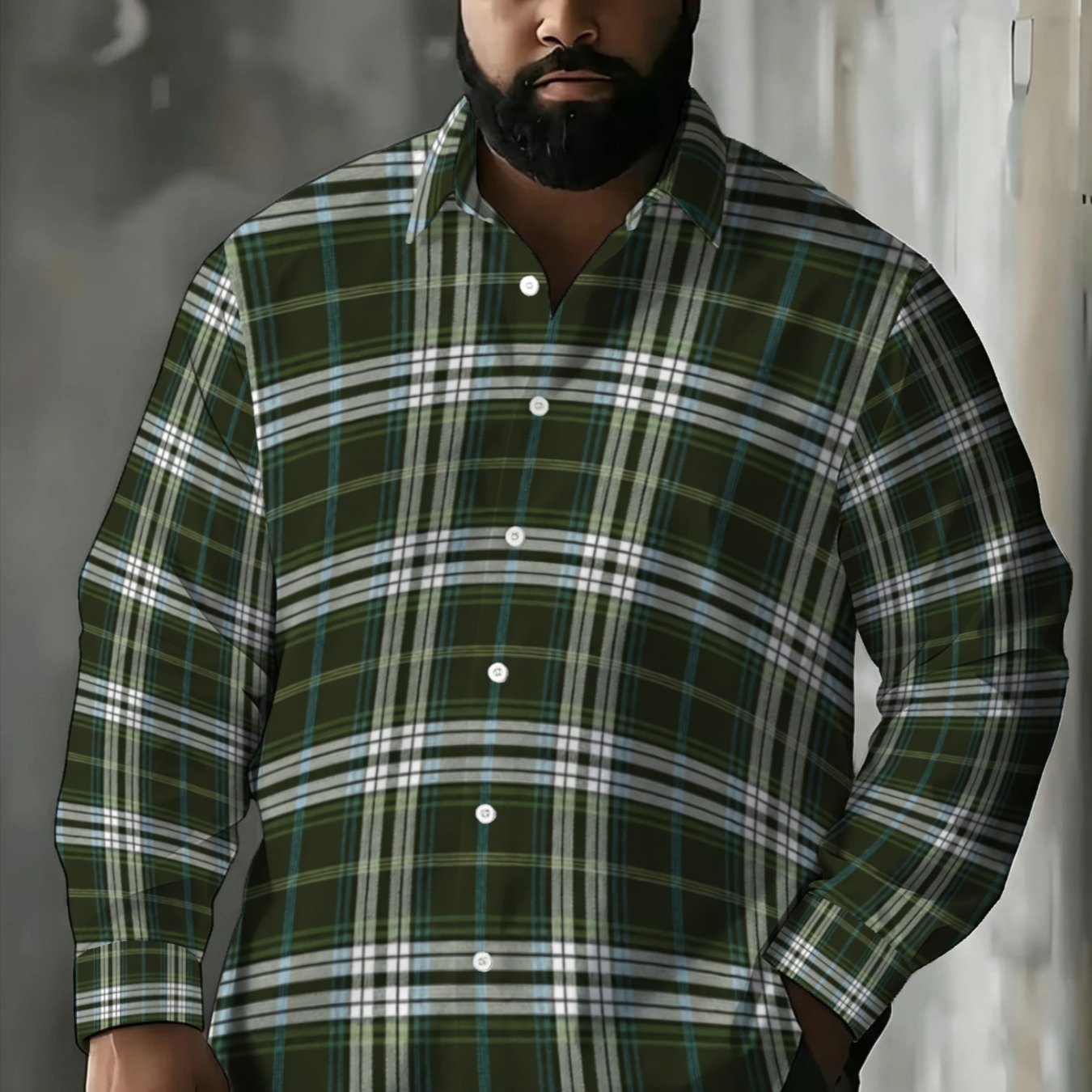 TEMU Men' Plus Size Oversized Button-up Shirt - Lapel Collar Long Sleeve Button-front Plaid Print Suitable For Big & Tall, Breathable Dark Green &