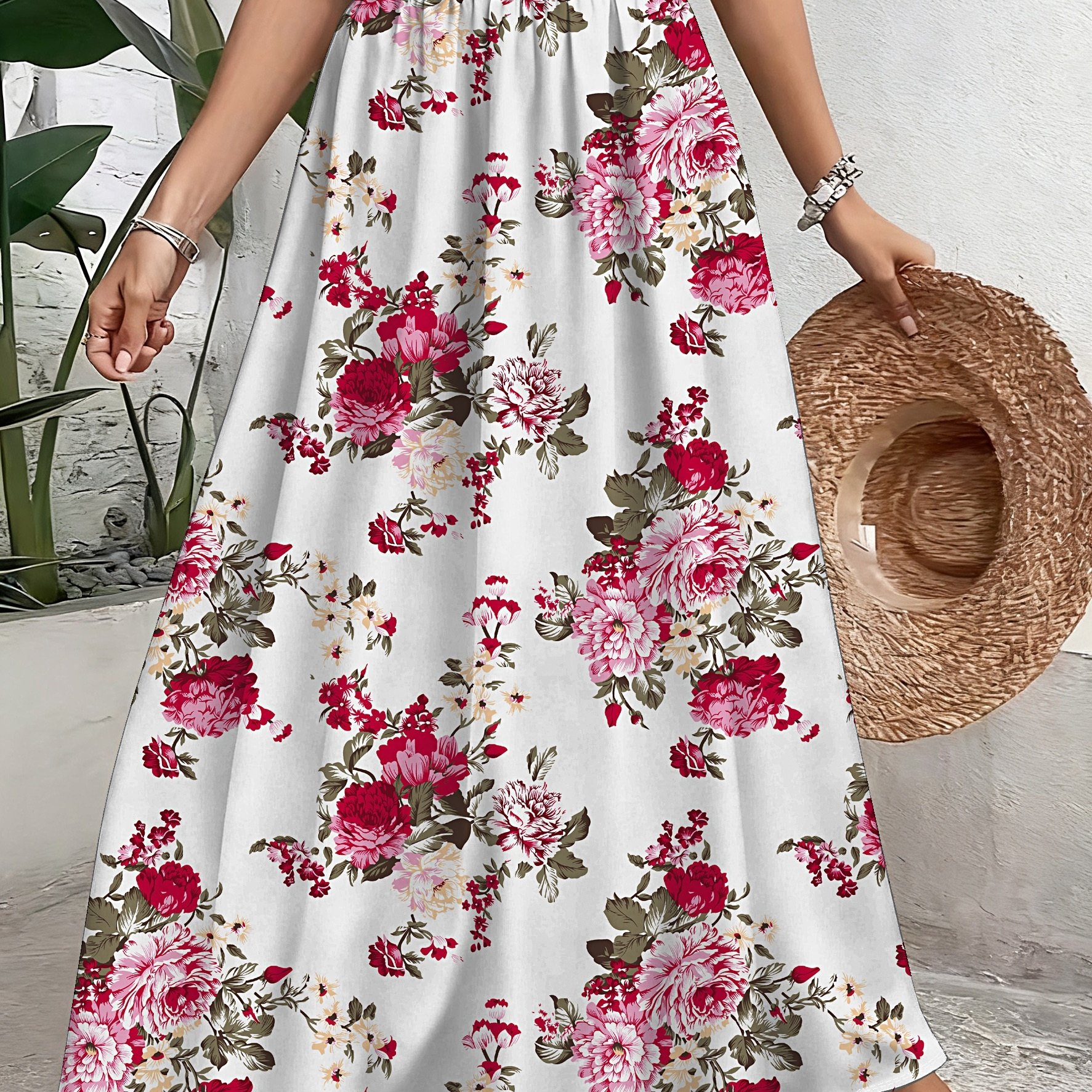 TEMU Plus Size, Elegant Floral Print Polyester Skirt - Casual A-line, Non-stretch Fabric, With Elastic Waistband And Hem, Machine Washable - Wear