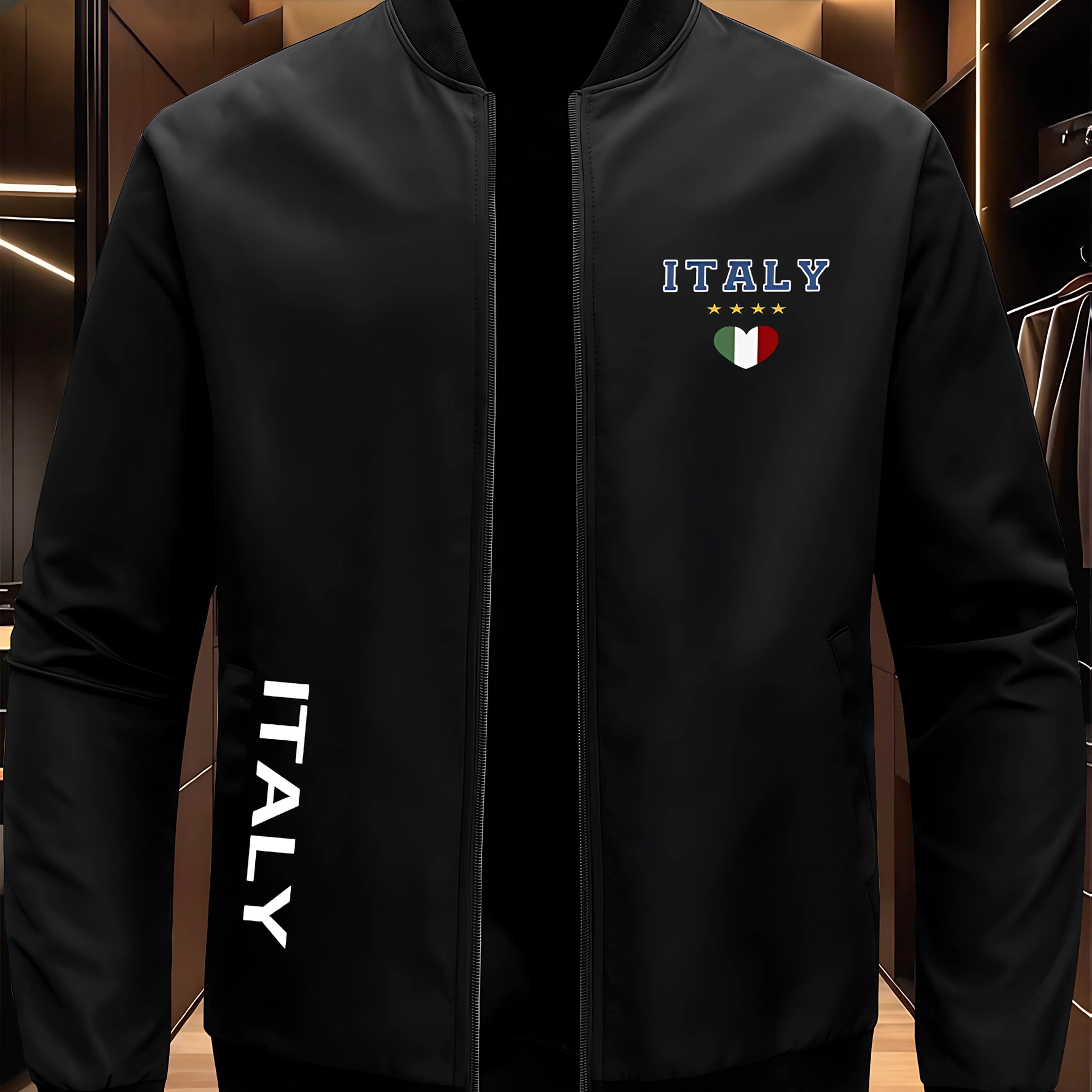 TEMU Italian Print Men's Trendy Autumn Winter High-end Casual Youth Jacket Stand Collar Stylish Versatile Top Jacket Coat