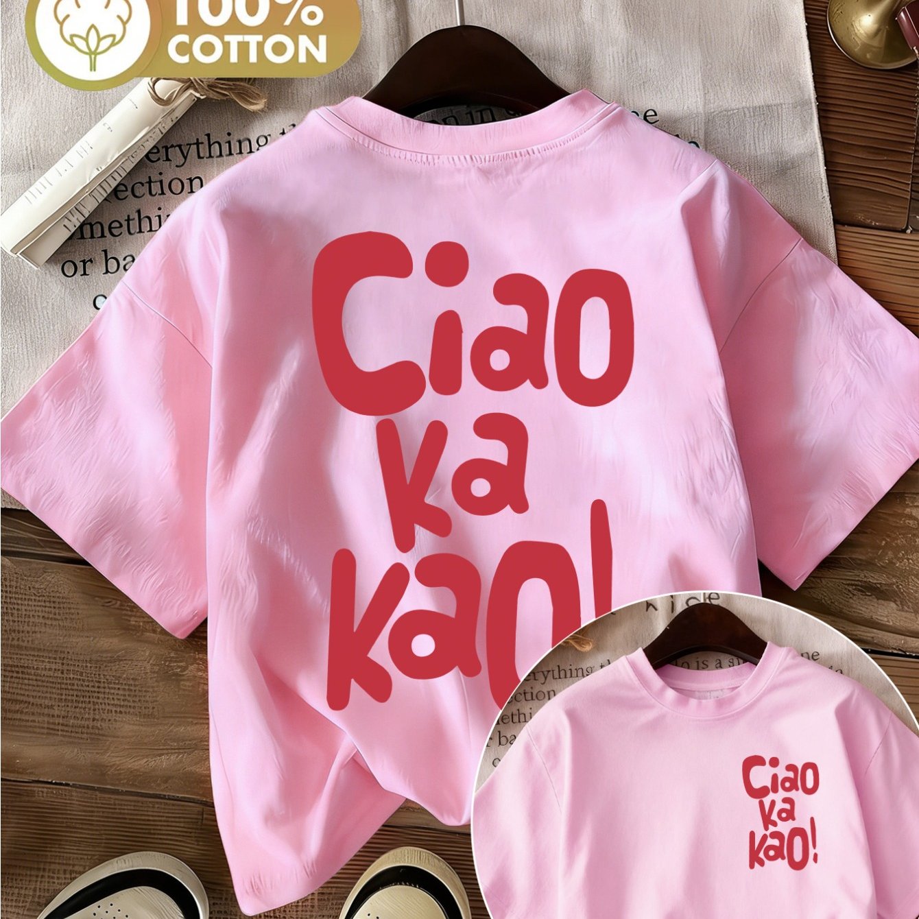 Image of Girls' Summer 100% Round Neck T-shirt | Front And Back " Ka Kao!" Fun Handwritten Text Print | Breathable Skin-friendly Casual Versatile Multicolor Top