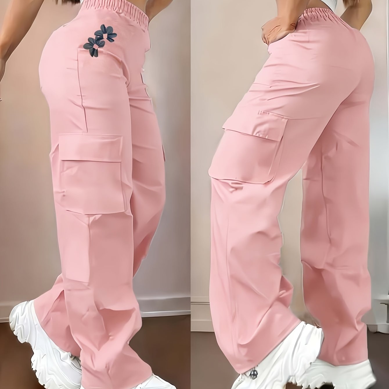 TEMU Walking Directional Women's Casual Pants, Floral Pattern Print, Fashionable Cargo Pants-d355-why2061
