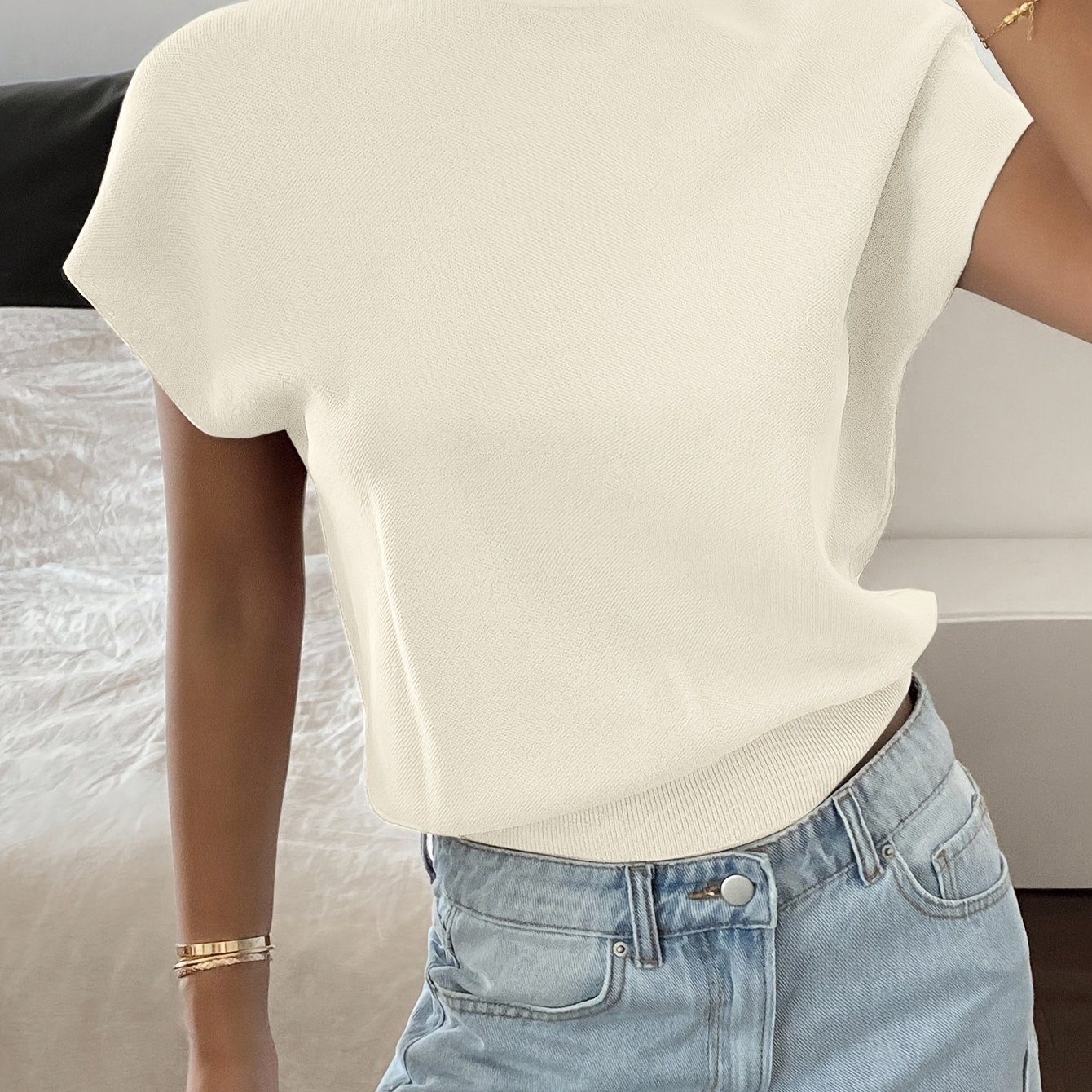 TEMU Elegant Women's Casual Wear Fashion Versatile Easy Sweater Women's T-shirt Elegant Women's Loose Pullover Sweater Short-sleeve Women's Wear
