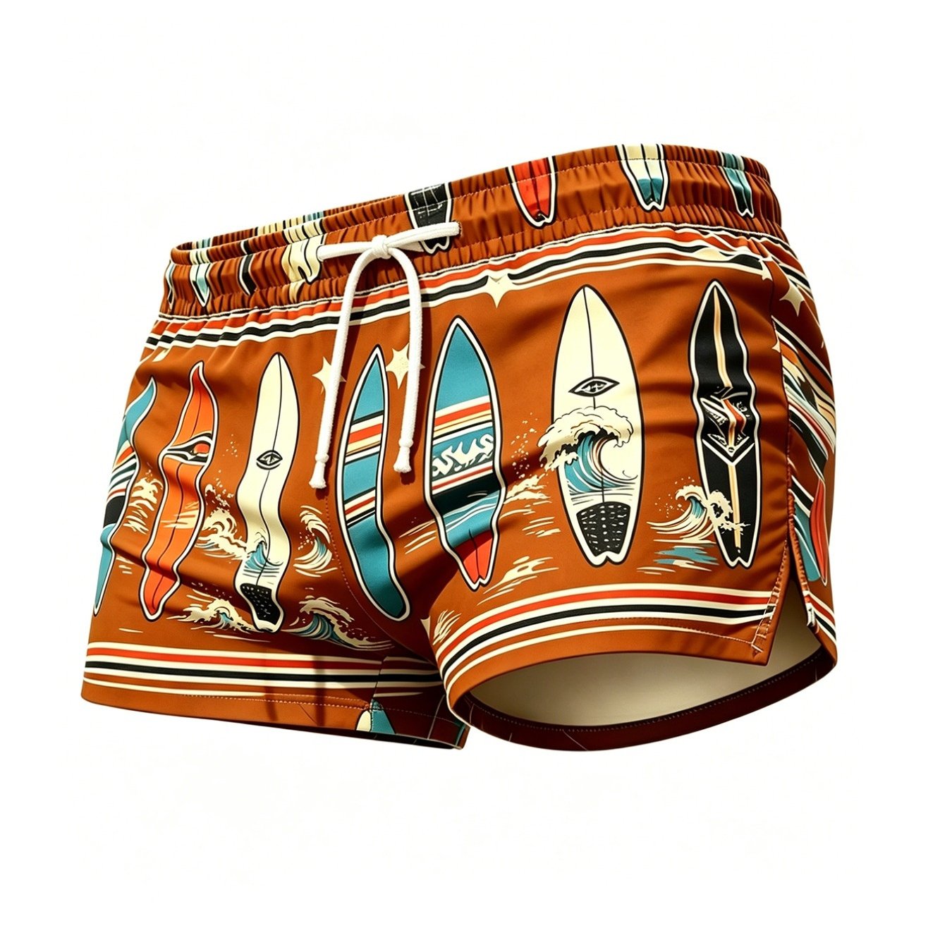Image of Men's Beach Shorts, For Seaside Surfing, Essential Styles For Men's Coastal Vacations, Stylish Men's Swim Trunks, Retro Surfboard And Wave Prints, Adjustable Drawstring, Polyester Fabric