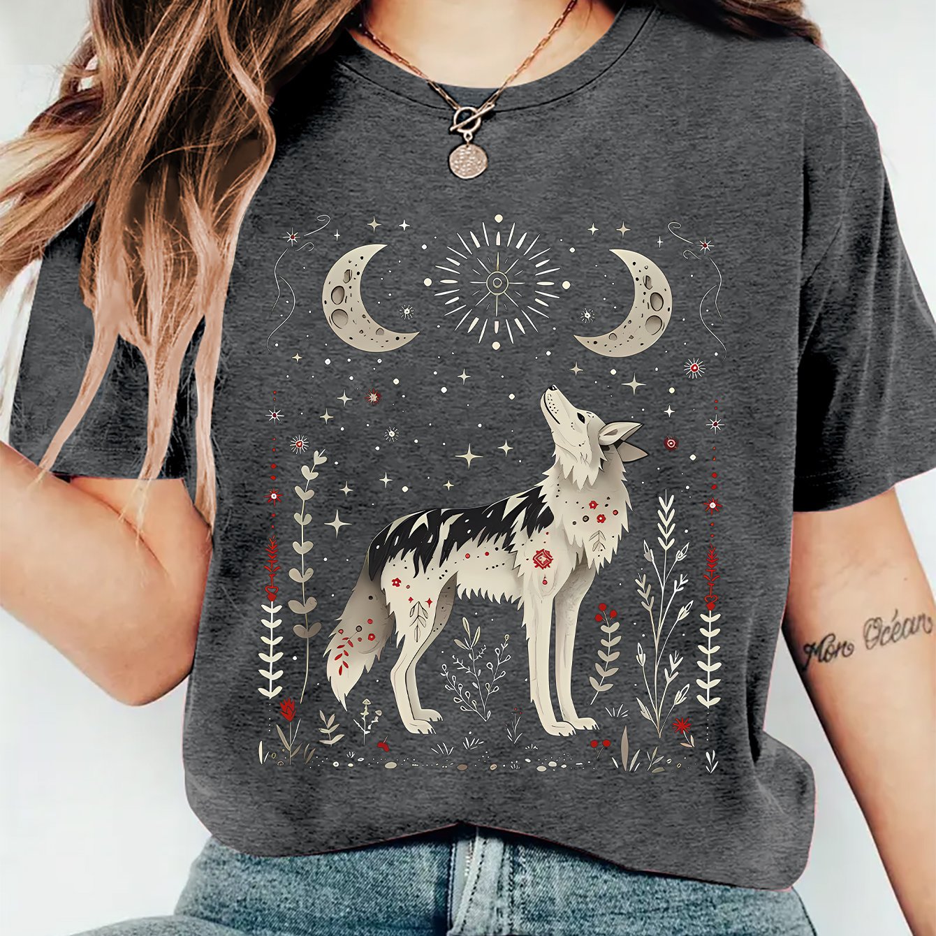 TEMU /summer Women's Summer Apparel, Star Moon Wolf Print Round Neck Short Sleeve T-shirt, Lightweight, Comfortable, Soft, And Stylish, Mysterious