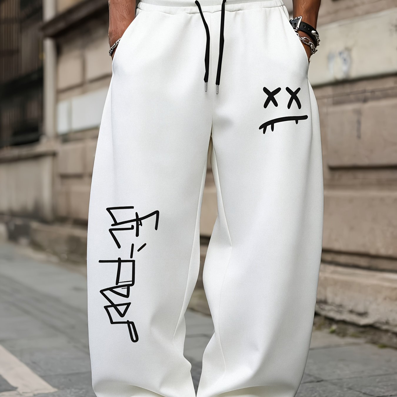 TEMU Men's Athletic Pants With A Unique Gothic-style Pattern Print, Featuring An Elastic Waist With Drawstring, Comfortable Long Pants, Ideal For