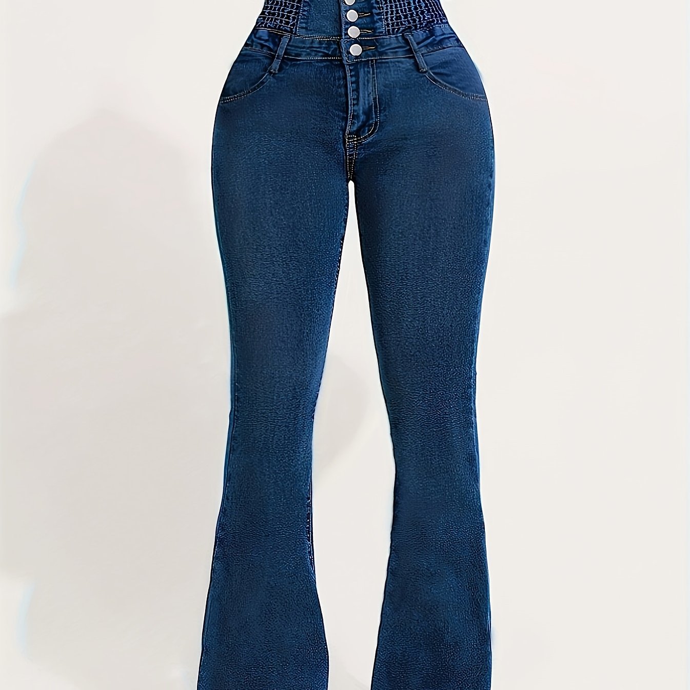 Image of High-waisted Retro-style Flared Pants With A Self-tie Waist, Featuring A Design, Button And Zipper Closure, Multiple Pockets, And A Washed Blue Color That Enhances The Hips Denim Jeans