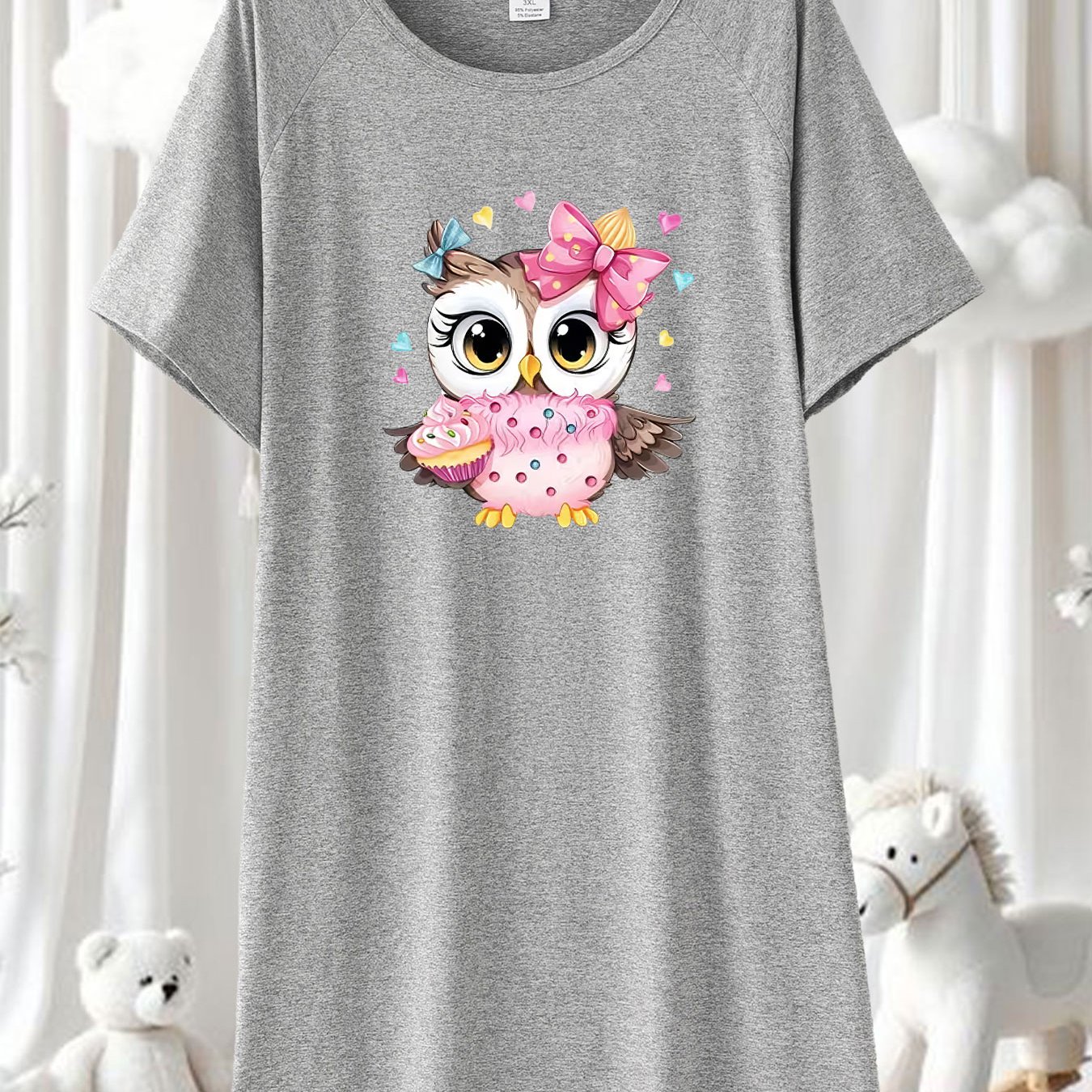 TEMU Women's Plus Size Casual Elegant Loungewear Dress With Cute Sweet Girly Cartoon Pink Polka Dot Bowknot Owl Print