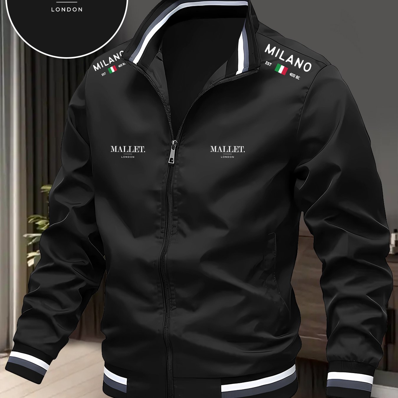TEMU Men's Logo Print High Jacket - Lightweight Zippered Outer Coat, Machine Washable Fall/winter Casual Blazer With Ribbed Collar & Random Logo