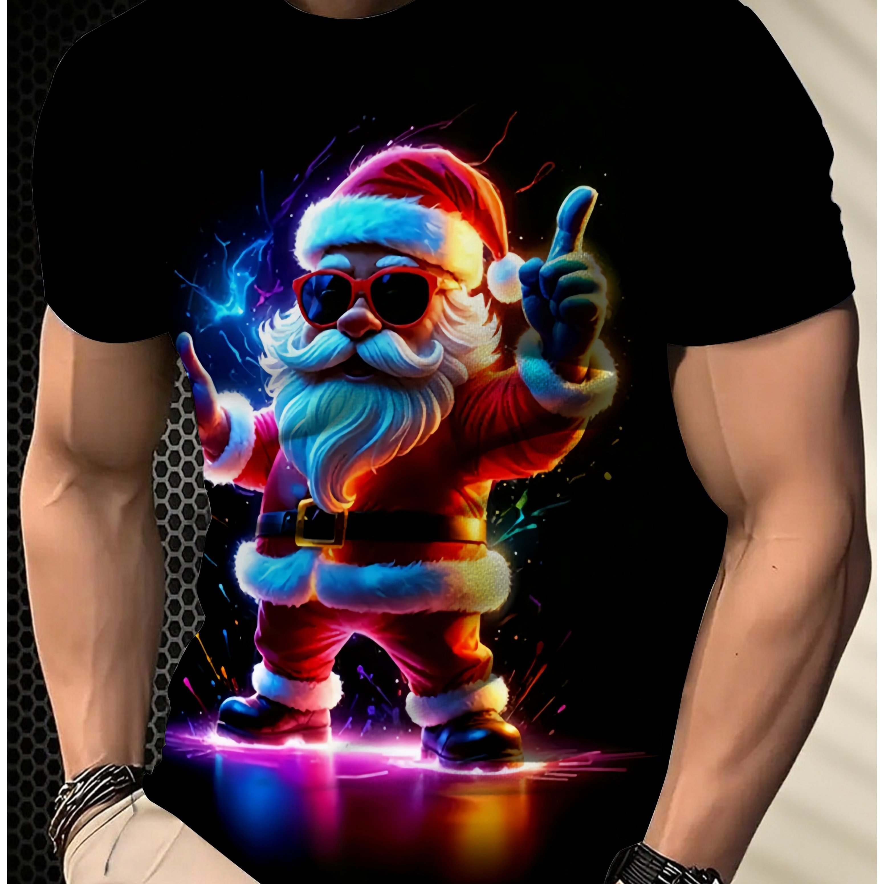 TEMU [print Design – Texture-free] Plus-size Men's Fashion Short-sleeve T-shirt Featuring A Santa Claus Dancing In Print. Soft Fabric And Sporting A