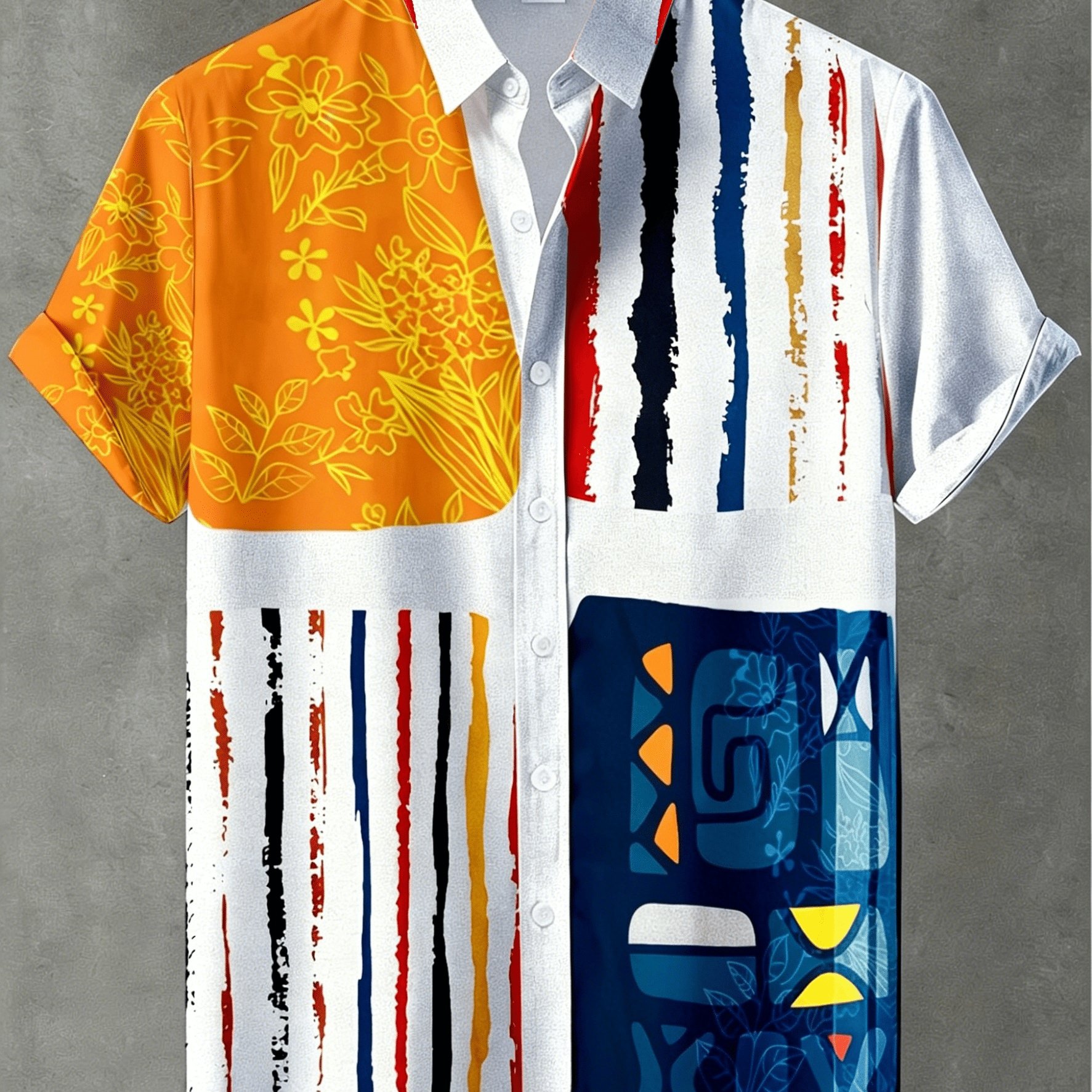 TEMU Camicia da e blu con inserti geometrici e astratta, fiori arancioni e gialli, colorate e blocchi astratti , ricchi di visivi, di moderno, adatta