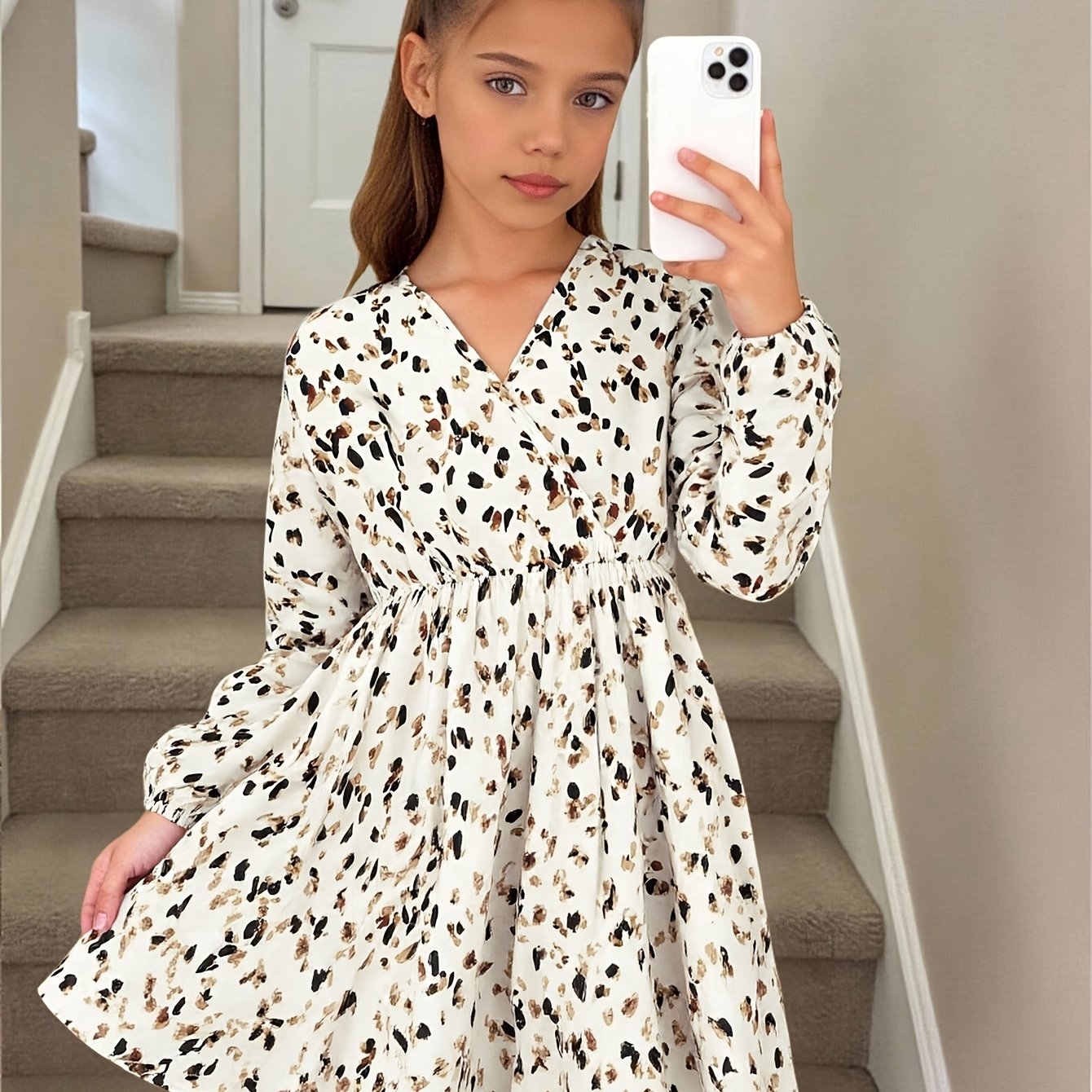 Young Girl Cross V-neck Design Leopard Long Sleeve Dress Big Girl Spring Autumn Casual Lantern Sleeve Waist-cinching Skirt