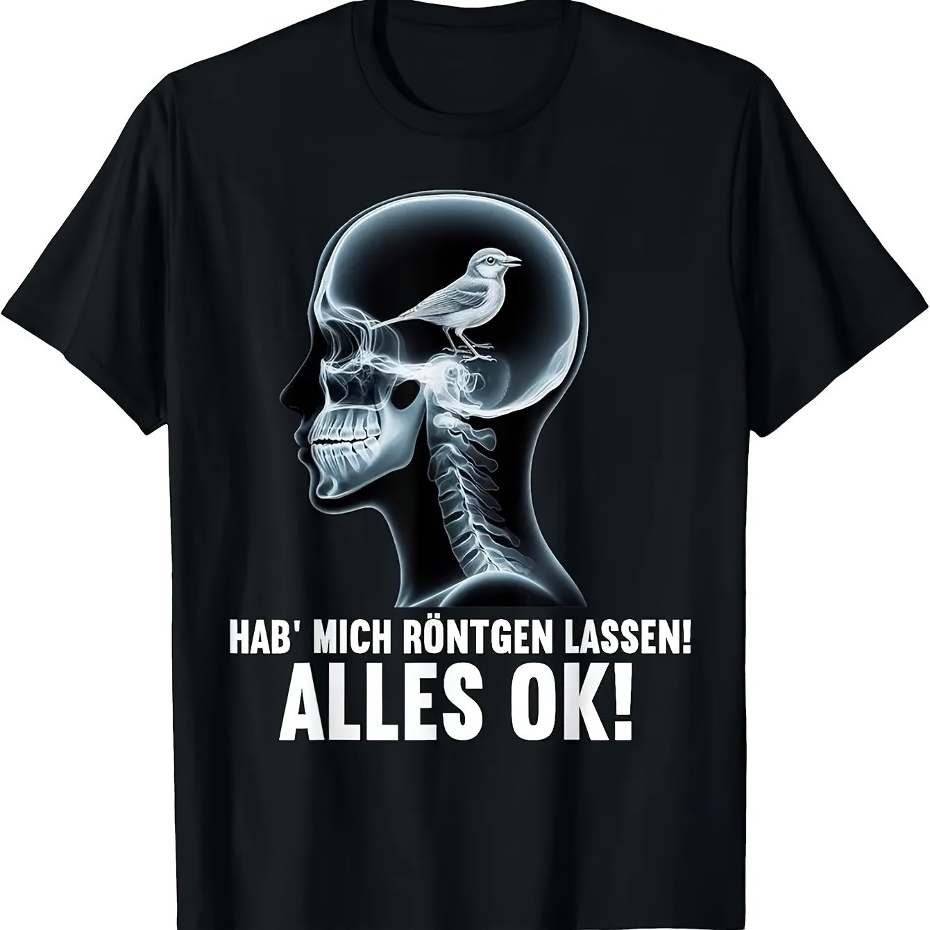 Image of Plus Size Men's Funny Skeleton Graphic T-shirt- German Sarcastic Message Hab Mich Lassen! Alles Ok!- Black With White Print- Heavy Duty Casual Everyday Tee For Dark Comedy Fans, Plus Size