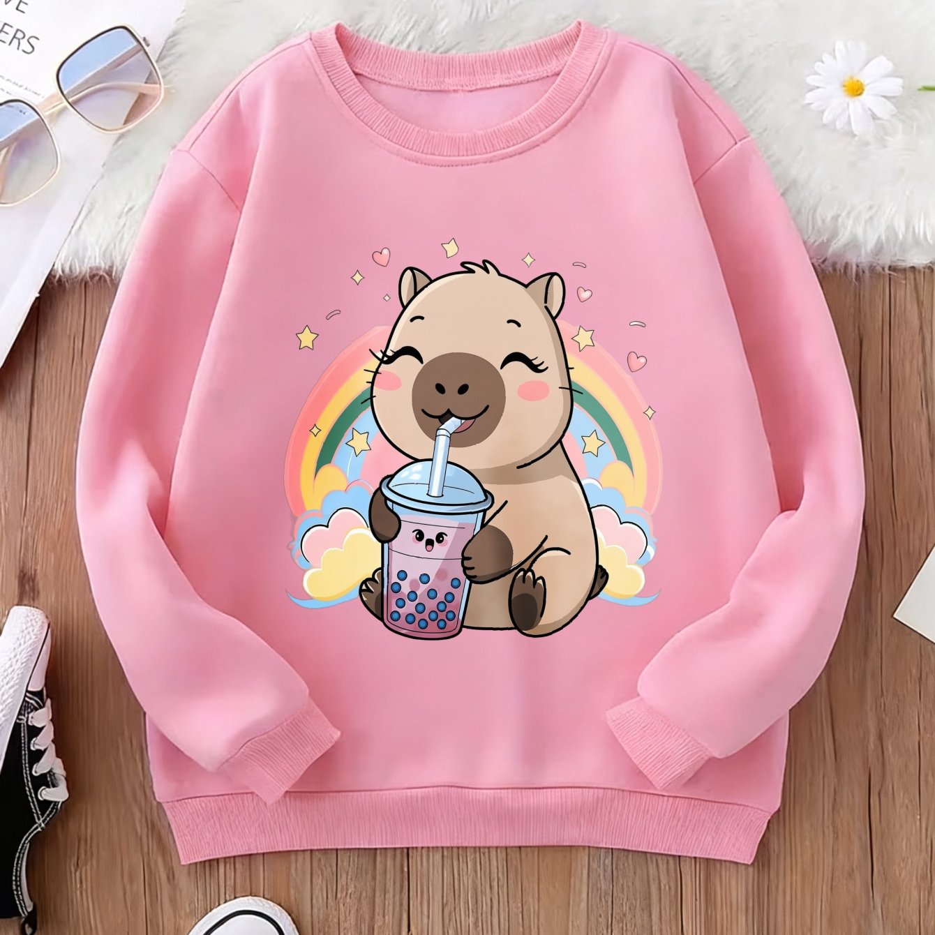 Image of Kids Neck Sweatshirt Capybara Drinking Bubble Tea Rainbow Print Pure Cotton Thickened Soft Autumn Winter Daily School Outdoor Wear Gift