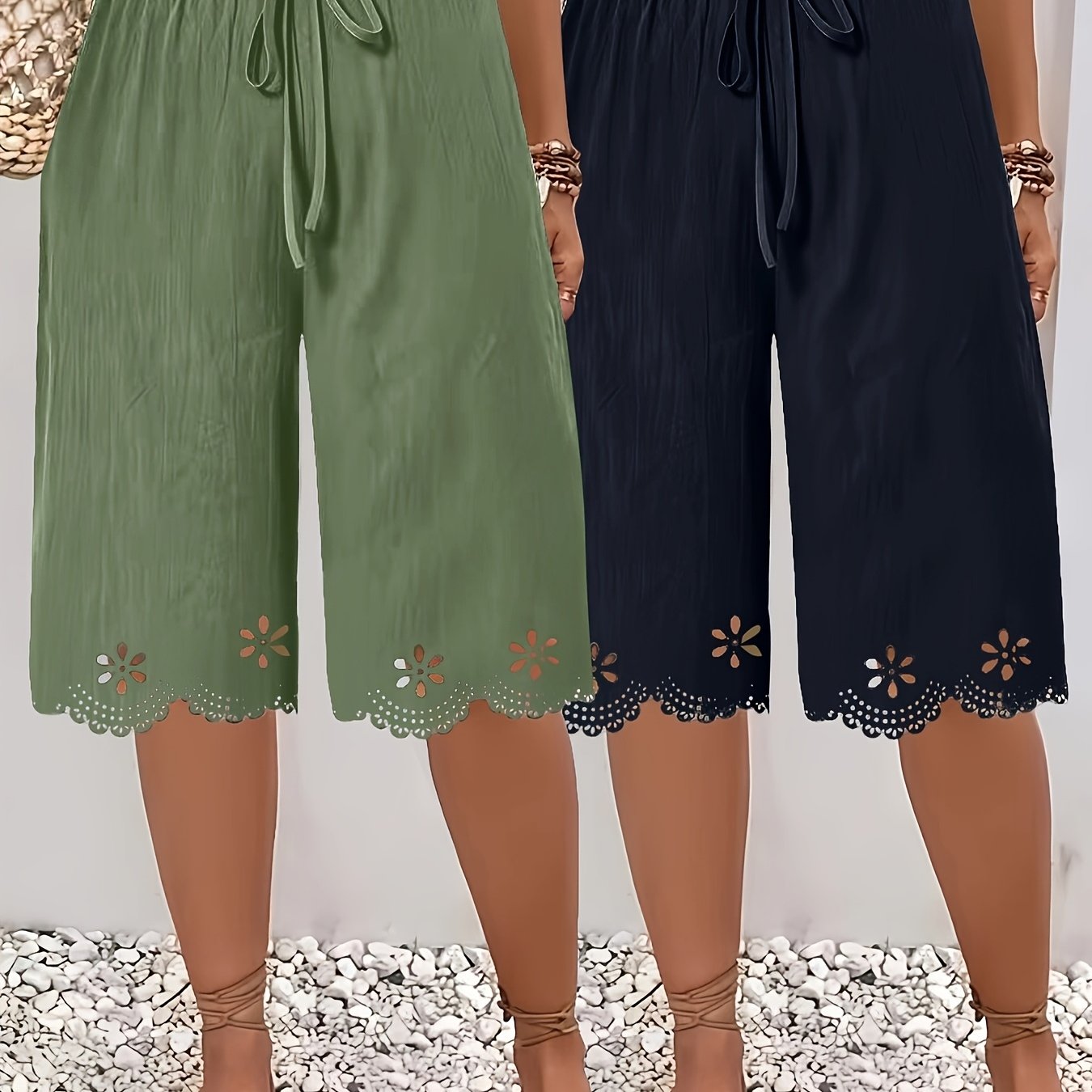 E-shop Damen Shorts in Unifarben mit Lockerem Schnitt Lochmuster - Weite Freizeit-Shorts, Maschinenwaschbar - Bequeme Shorts für Strandmode,
