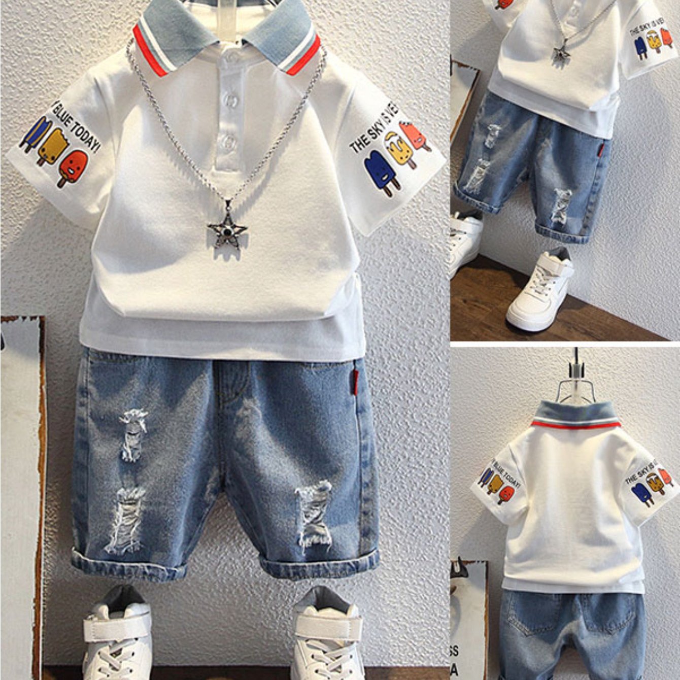 Boys' Summer New Cartoon Print 2pcs Set With Collar Short Sleeve And Distressed Denim Shorts, Perfect For Outdoor