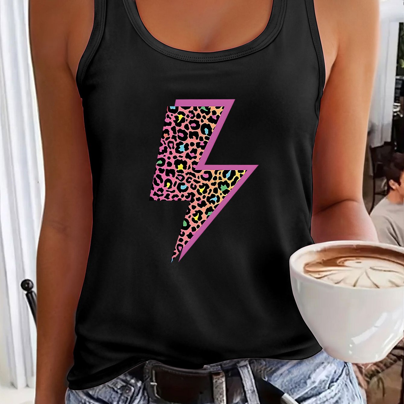 TEMU Light Print Lightning Pattern Top For Women, New Sleeveless Casual Top For Spring And Summer 2026, Versatile Women's Clothing