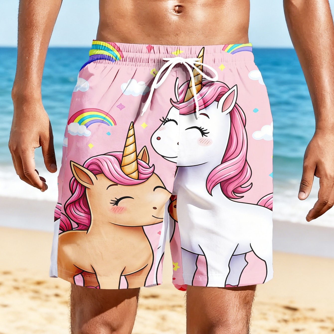 Image of Men's Summer Beach Vacation Shorts Featuring 2 Unicorns Against A Pink Background, With Rainbow , Full Of Fun - Made From 100% Quick-dry Polyester, With A Drawstring Waist, Machine Washable
