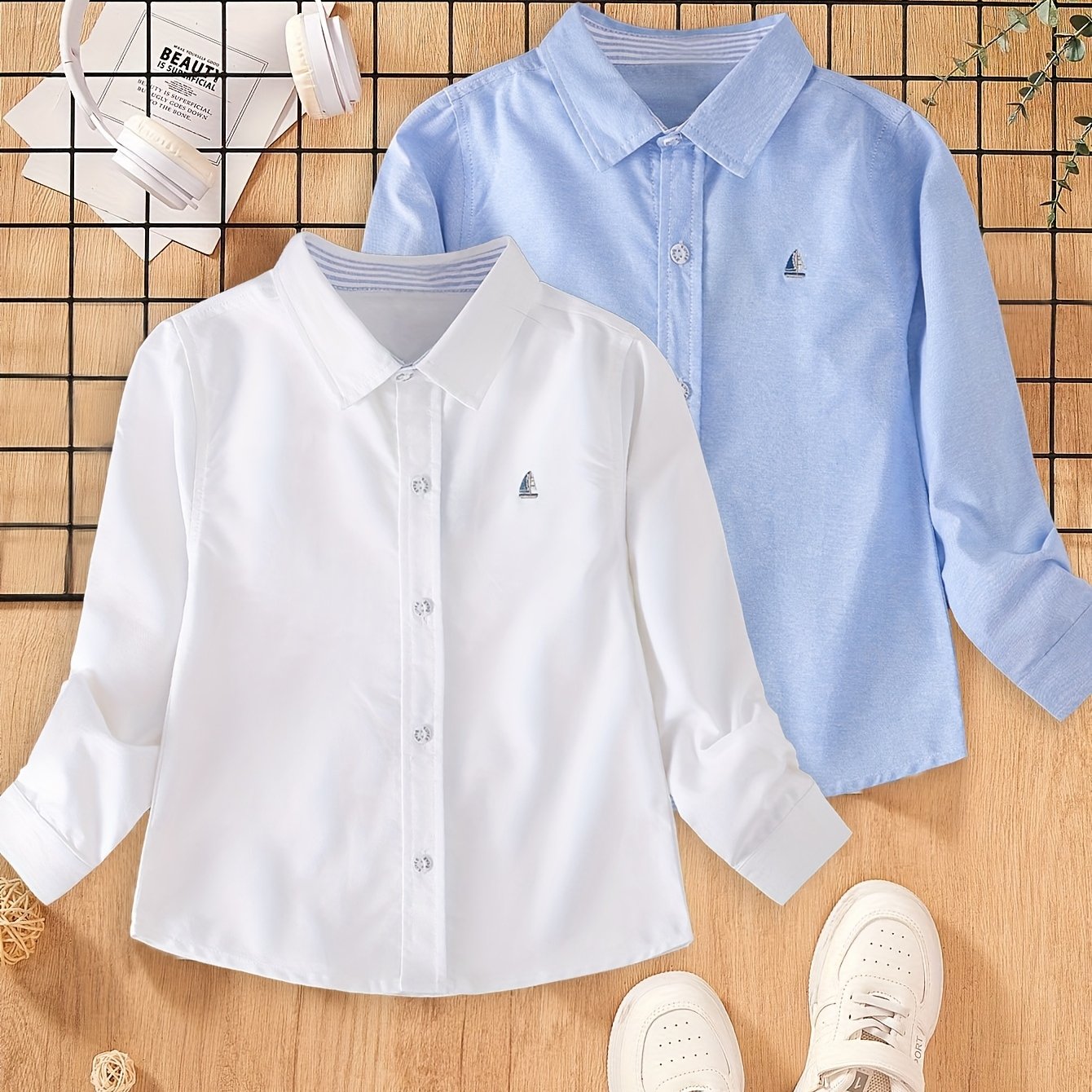 Image of 2pcs Set Boys' Shirt Long Sleeve Lapel Casual Preppy Style Thin Spring Autumn Top Medium To Large Child Boy Cool Trendy School Uniform Shirt Blue White