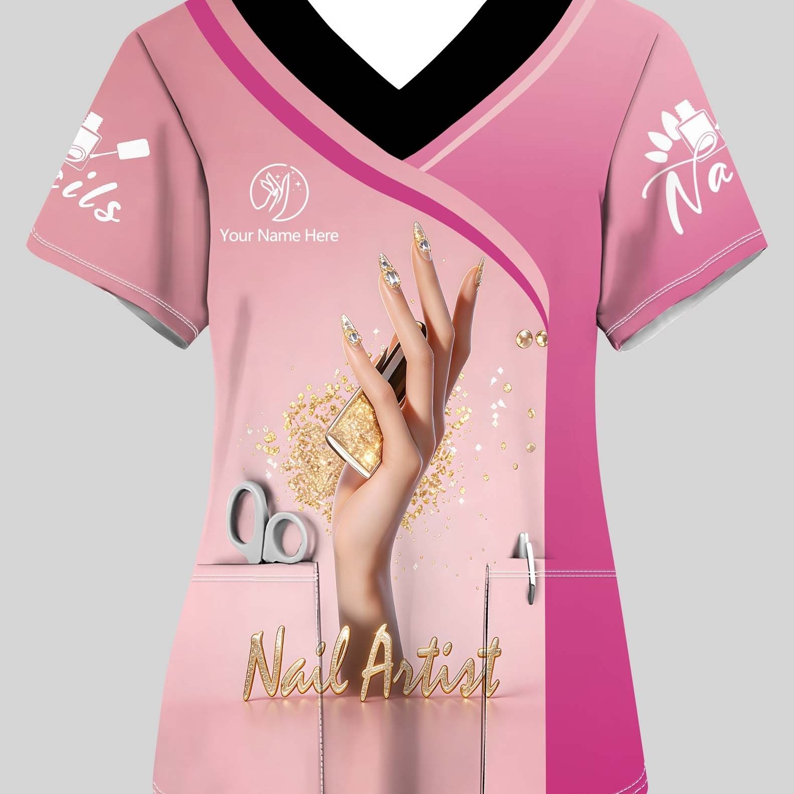 TEMU [custom] Name Custom V-neck T-shirt, Women's Nail Artist Pattern T-shirt, Nail Tool Print, Casual Short Sleeve Top, Women's Nail Technician