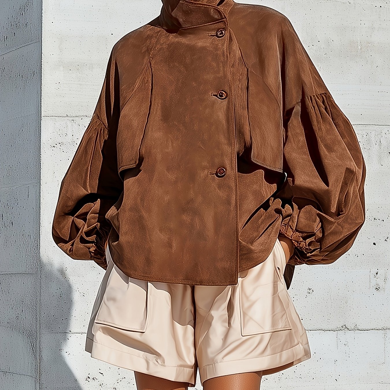 TEMU Women's Stand Collar Lantern Sleeve Faux Casual Jacket