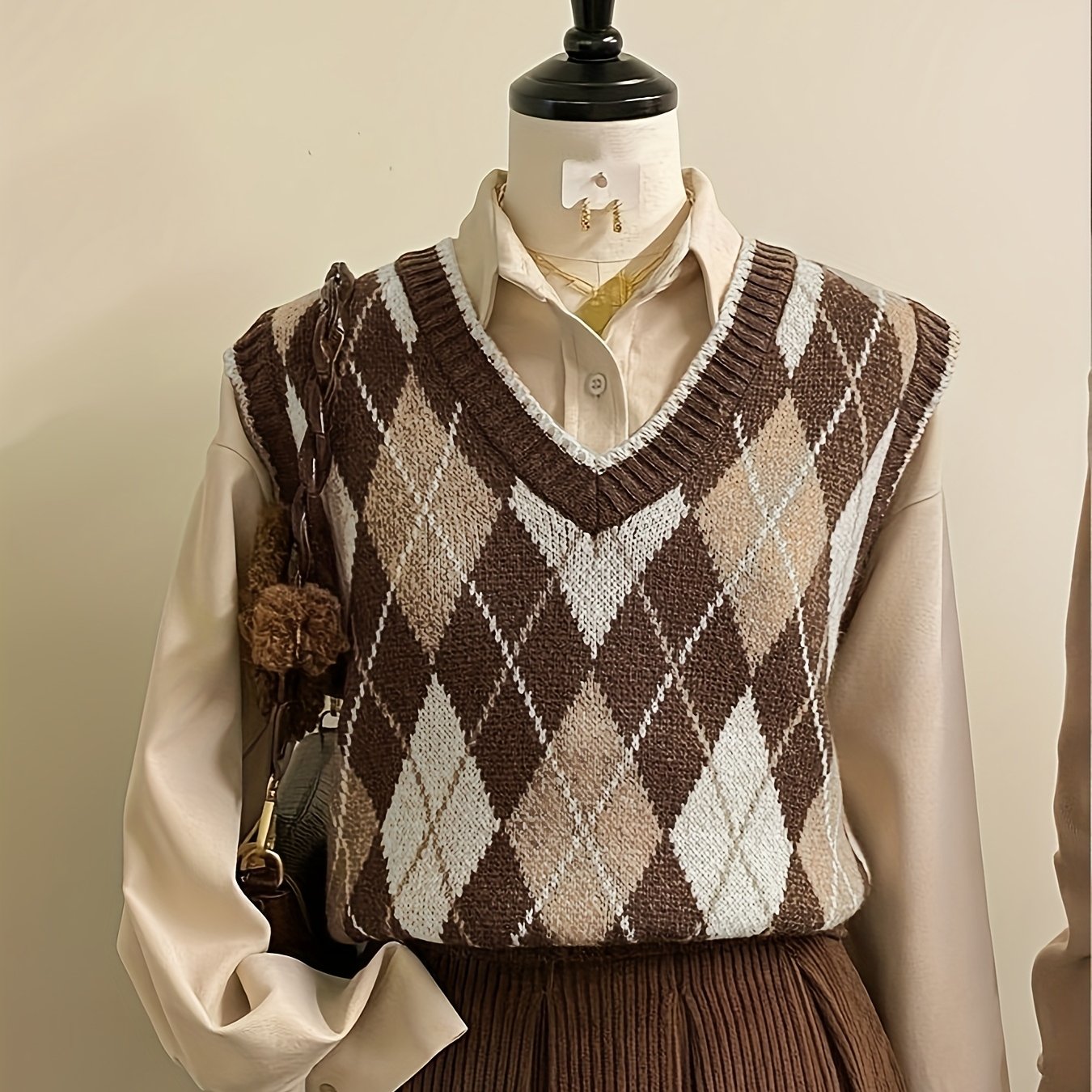 E-shop Neue trendige, elegante Damenmode mit V-Ausschnitt, langen Ärmeln und geometrischem Muster, Weste für Herbst und Winter [Ohne Camisole]