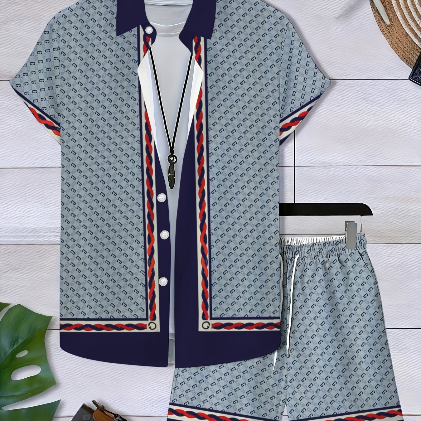 TEMU Men's Summer Casual Suit - Light Blue Contrast Fashion Letter Print, Short Sleeve Shirt And Trousers 2pcs Set - Ideal For Vacation Or Outdoor