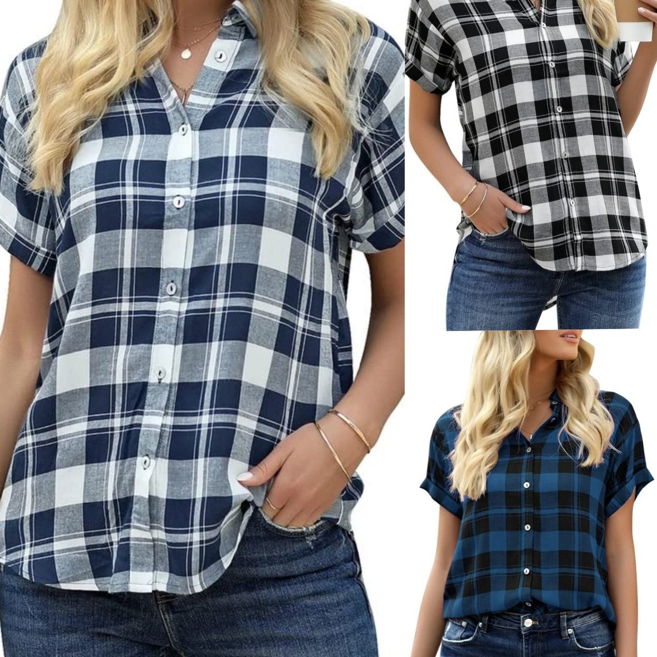 Image of Women's Short Sleeve Button- Blouse Shirt - Collar Plaid Blouse Tops, Loose Fit Button Front Suitable For Spring/summer, Machine Washable Casual Shirts For Office, Semi-formal Wear & Daily Outfits