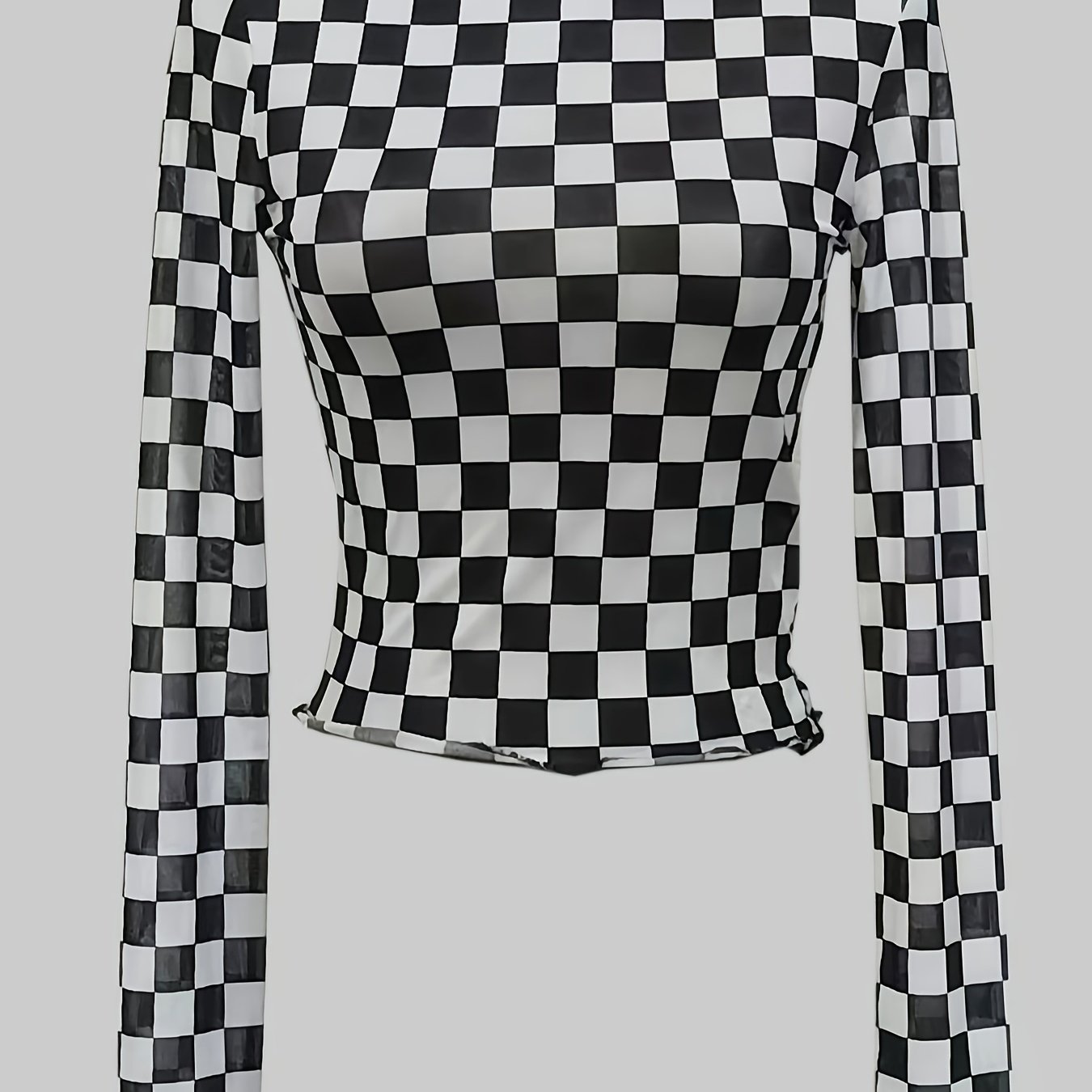 E-shop Damens Sexy Mesh Langarm T-Shirt - Karo Crop Top mit Rüschen-Rundhalsausschnitt, Slim Fit Allseasons Casual bis Business Look, Elegantes Design