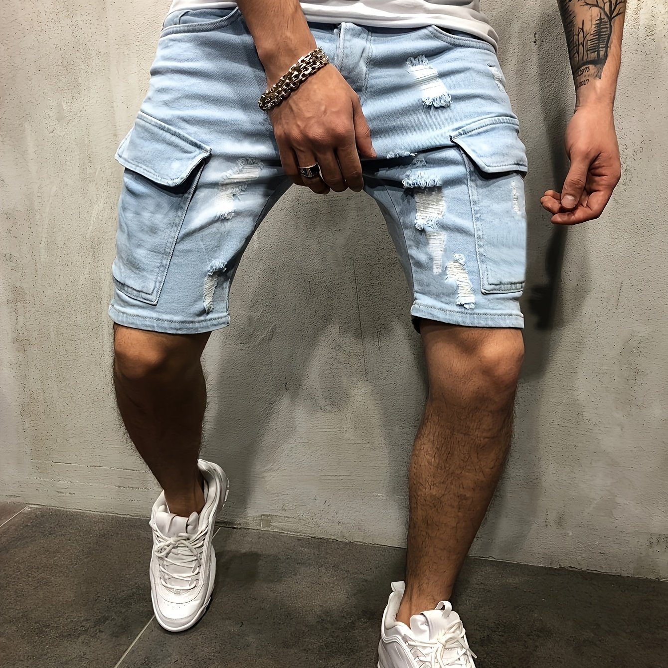Men's Denim Cargo Shorts, With Retro Hole Design, Men's Style Clothing