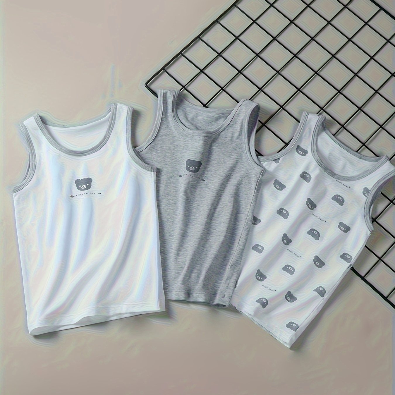 Children's Bear Print Vest 3pcs Set, Pure Cotton Comfortable And Cute Tank Top
