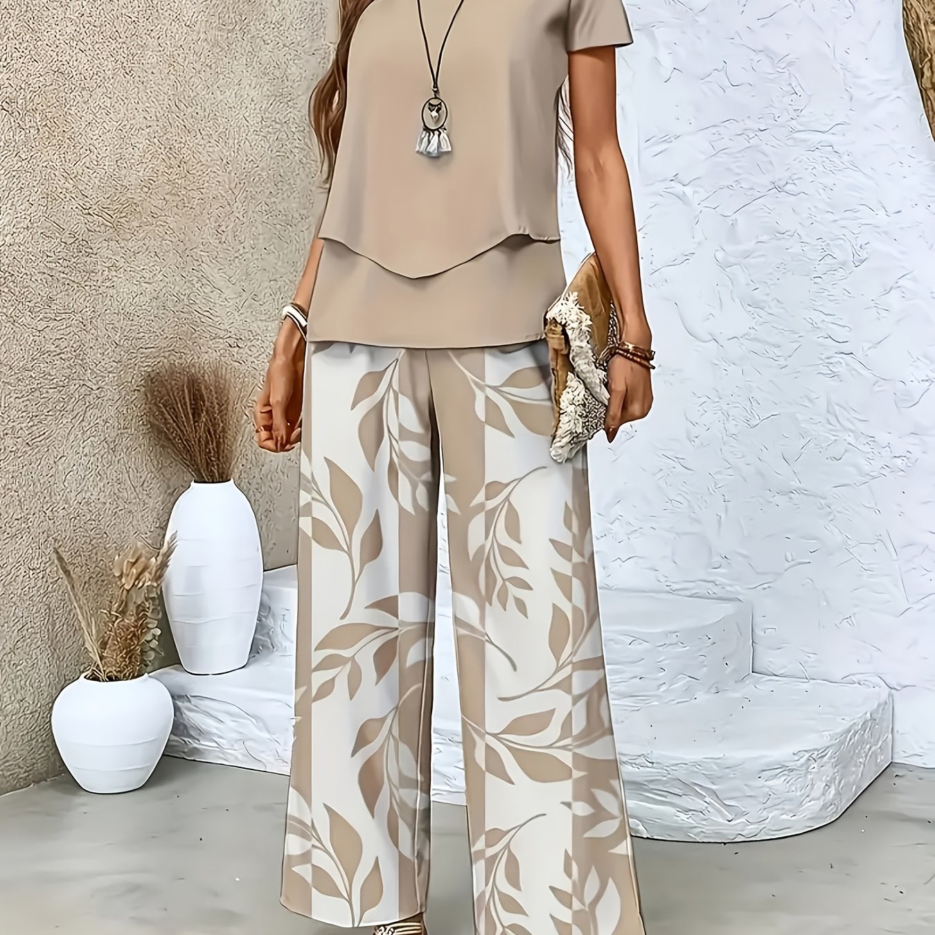 TEMU New Cross-border Fashion Casual 2pcs Set For Women: Round Neck Short Sleeve Top With Pants (yd88)