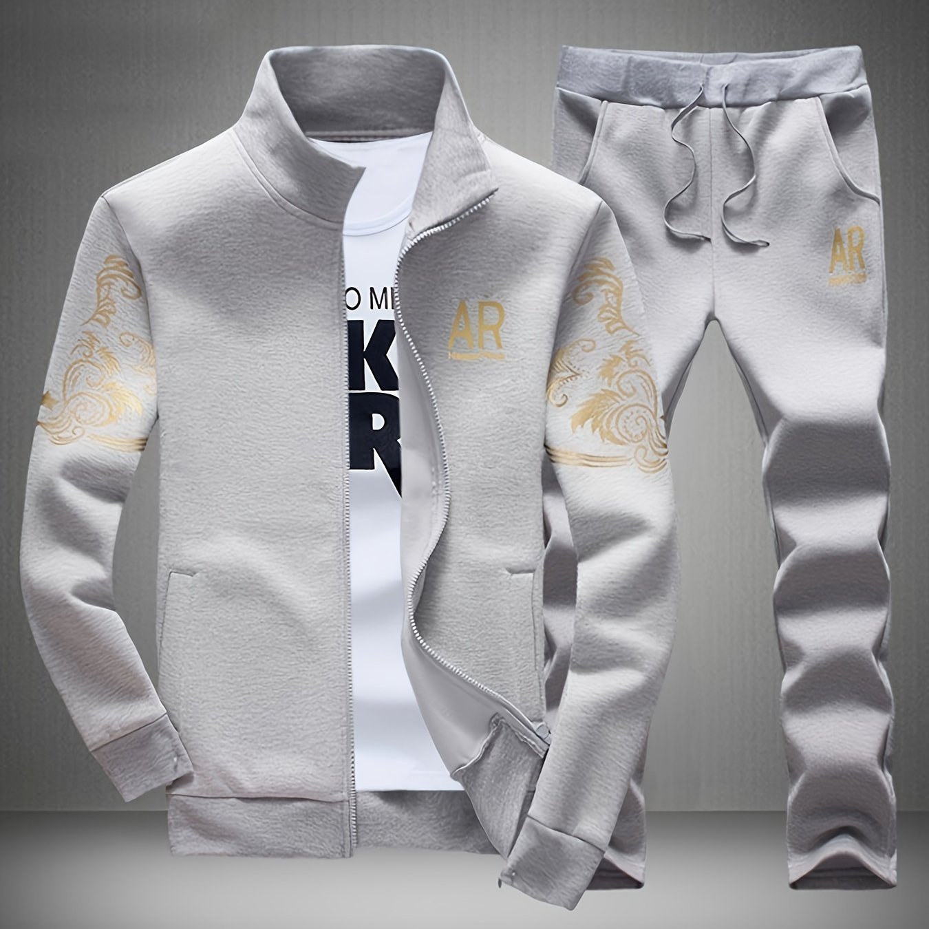 TEMU Men's Casual 2-piece Outfit, Fashion Printed Full Zip Jacket & Drawstring Pants, Breathable Comfy Sports Set