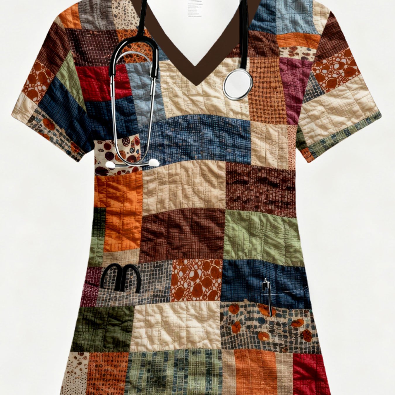 TEMU Uniforme d'infirmière patchwork intégral pour femme - Haut de travail à col en V avec poches | Lavable en machine, convient aux blouses de