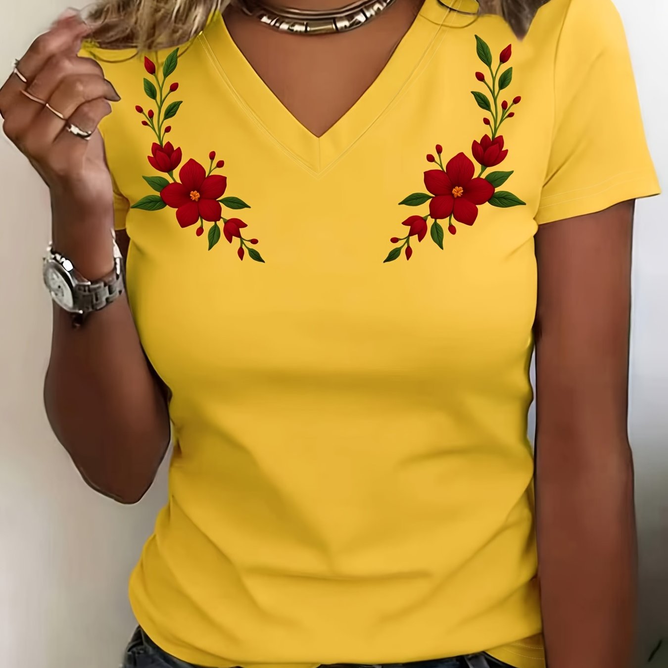 TEMU Printed Design â Not Textured Women's Gentle Casual V-neck Short-sleeve Loungewear, Loose And Easygoing, -friendly, Delicate, And Breathable
