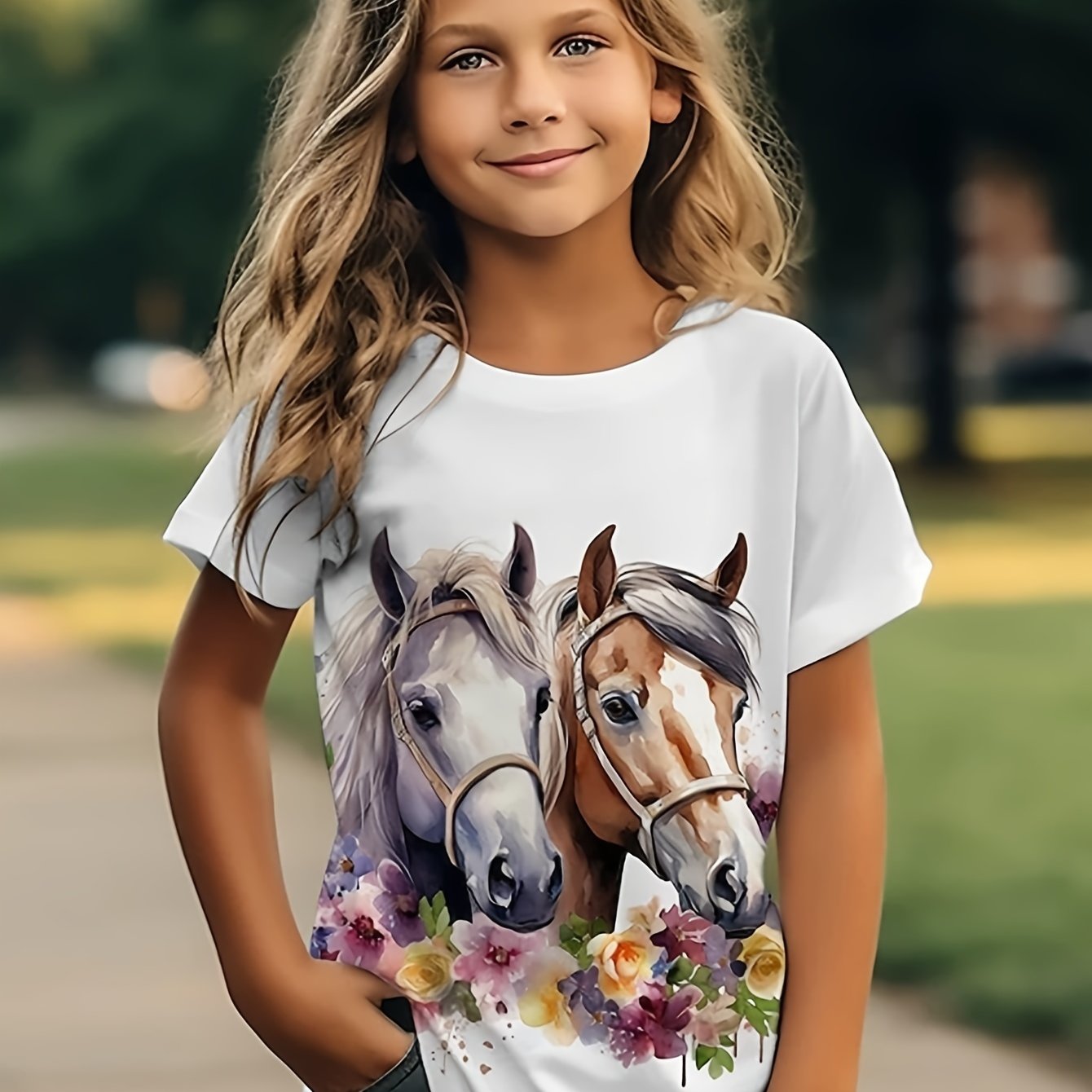 Girl's Fashion Short-sleeve T-shirt With Horse Print
