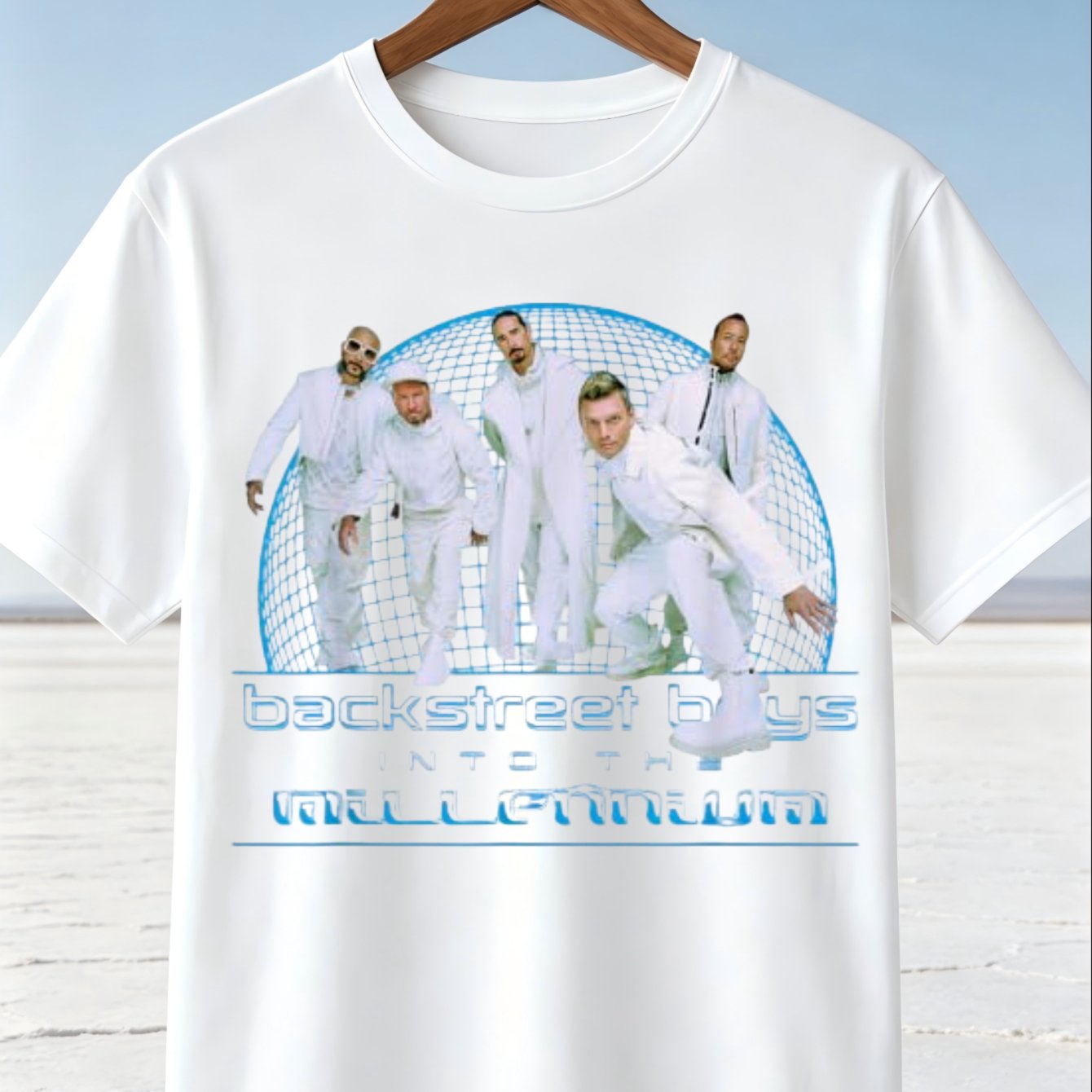 Retro Bsb T-shirt With Iconic Five-person Group Photo & Futuristic - Style Round Neck Tee Suitable For Casual Wear, Nostalgic Gift For Fans, Machine Washable Bsb Merchandise