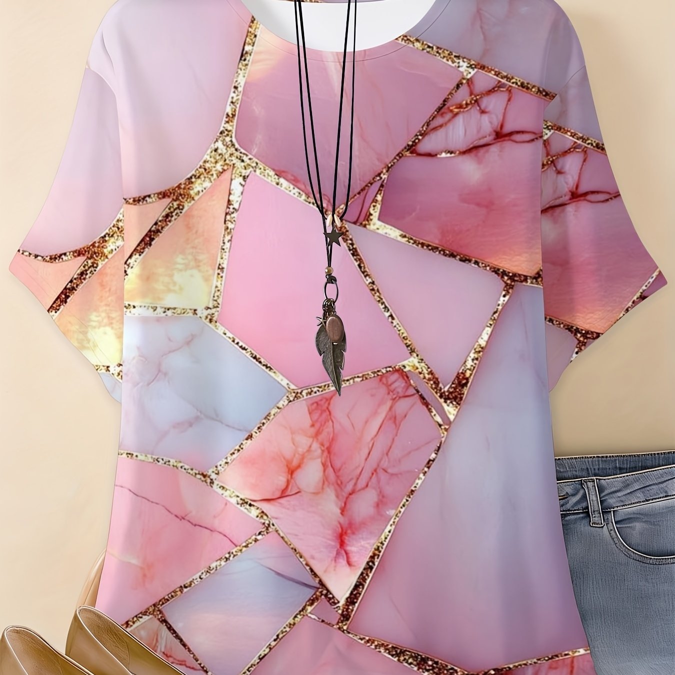 Image of Plus Size - Plus Size - Plus-size Women's Clothing - Women's T-shirt, Size Range 0xl-7xl, Featuring Pink Marble And Golden , Round Neck, Short Sleeves, Perfect For Gifting