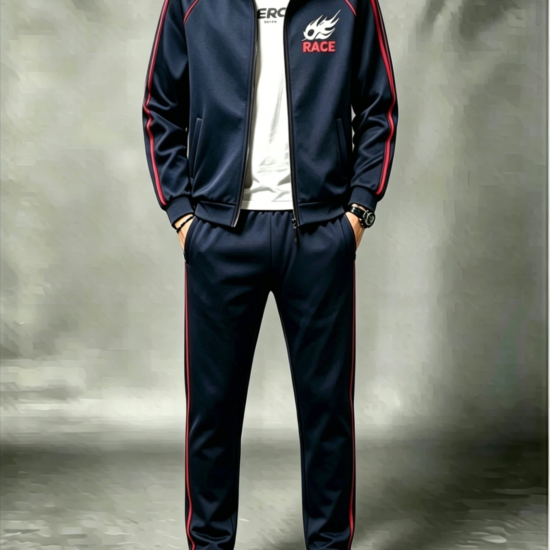 Men's Polyester Stand Collar Cardigan Set Casual Sports Navy Blue Two-piece Outfit With Stripes And Print