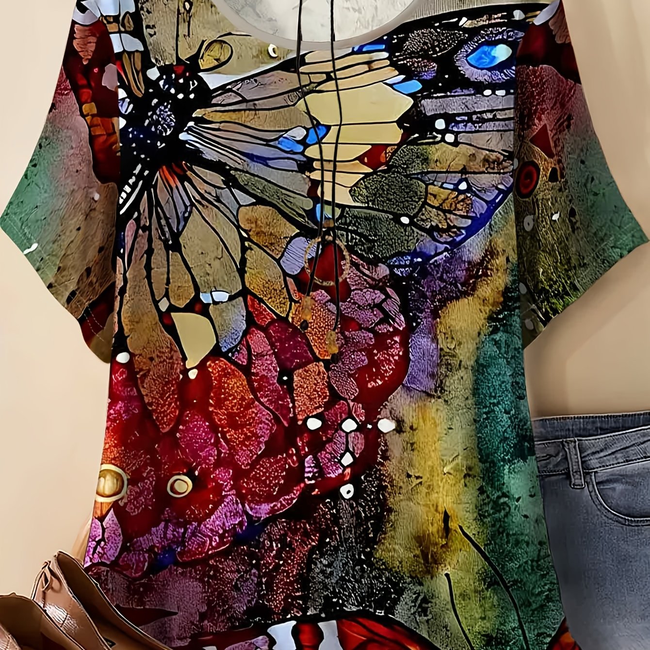 TEMU Plus-size Women's Shadow Printed T-shirt With A Vintage Colorful Design, Featuring A Loose Fit That Pairs Well With Jeans, Making It A Stylish