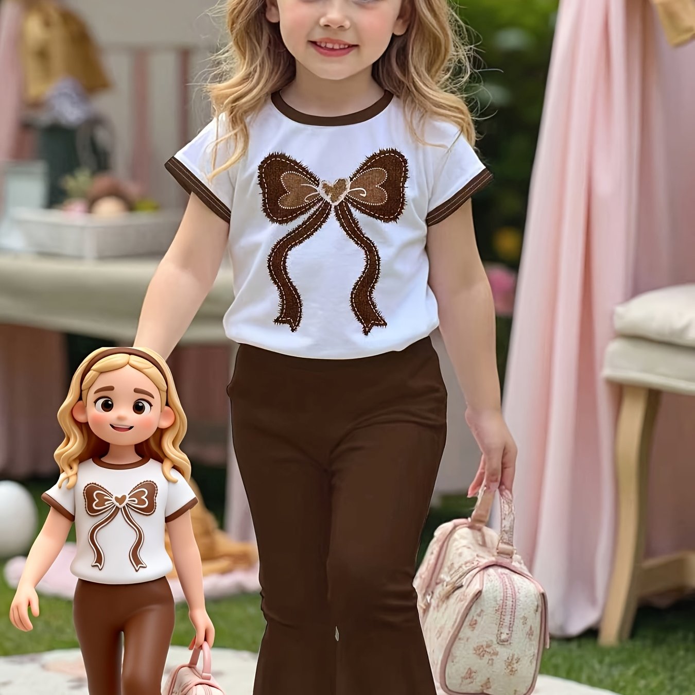 E-shop 2-teiliges Set für Mädchen von 1-6 Jahren, Lässiges Oberteil mit Schleifen-Aufdruck, Rundhals Kurzarm, ausgestellte Hose,
